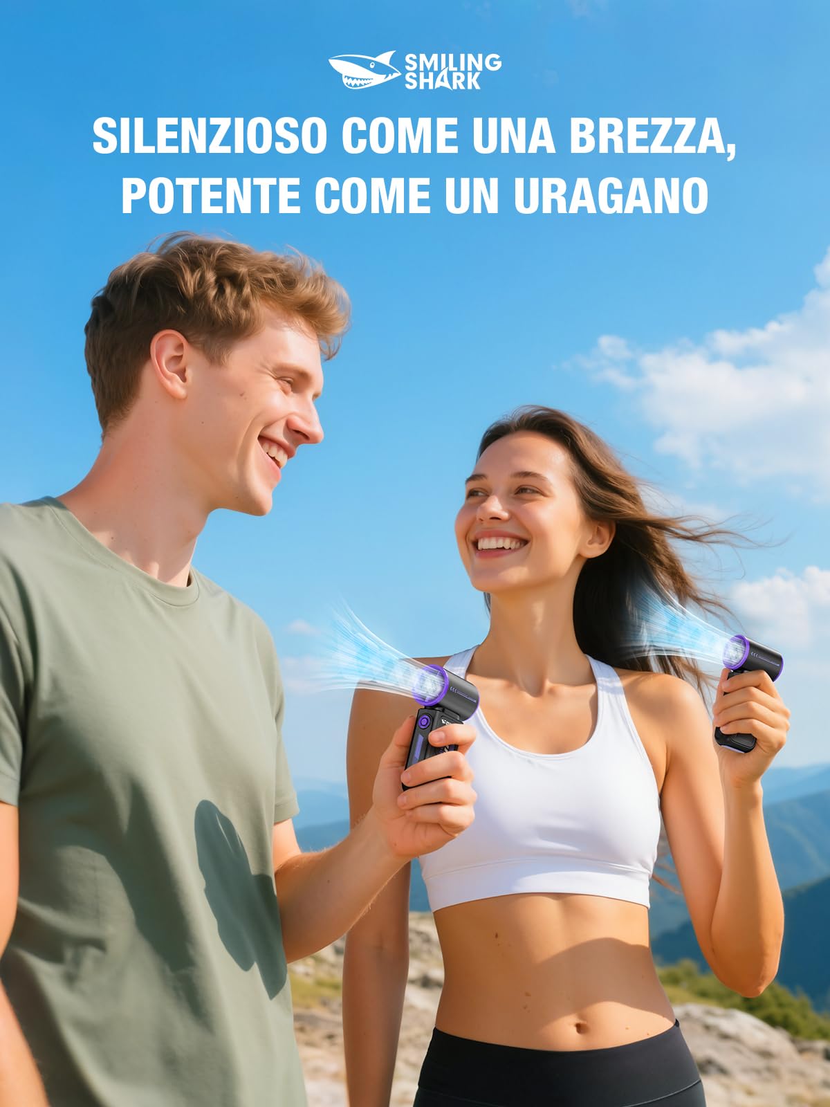 Smiling Shark TF-01 Ventilatore Turbo Portatile, Turbo Power 10m/s Alta Velocità Regolabile 1-100 Mini Ventilatore Portatile a Mano [Max 12H] con Display LED per Viaggi/Concerti/All'aperto/Campeggio
