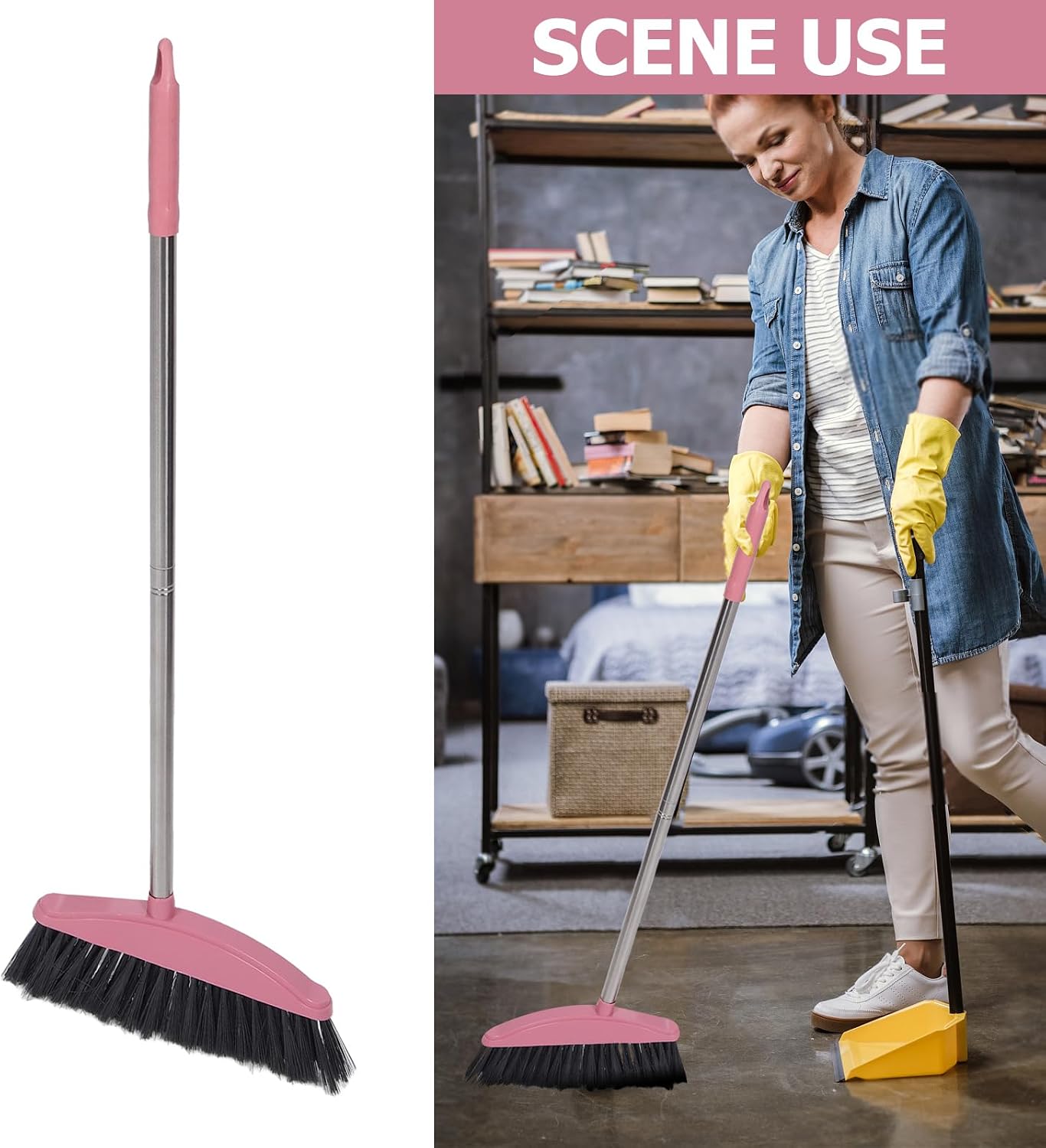 Luxshiny Long Handle Outdoor Broom 34.37 Inch Angle Floor Wiper for Home Kitchen Garage Yard Cleaning Household Sweeping Tool