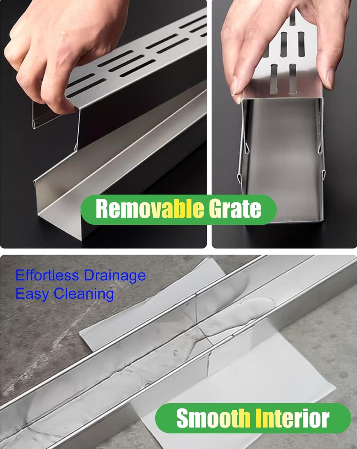 304 Stainless Steel Channel Drain for Yard, Garden & Pool Deck - Slim Recessed Linear Drainage System with Grate, 2-Piece Set (1.4" W x 2" H) for Efficient Water Flow