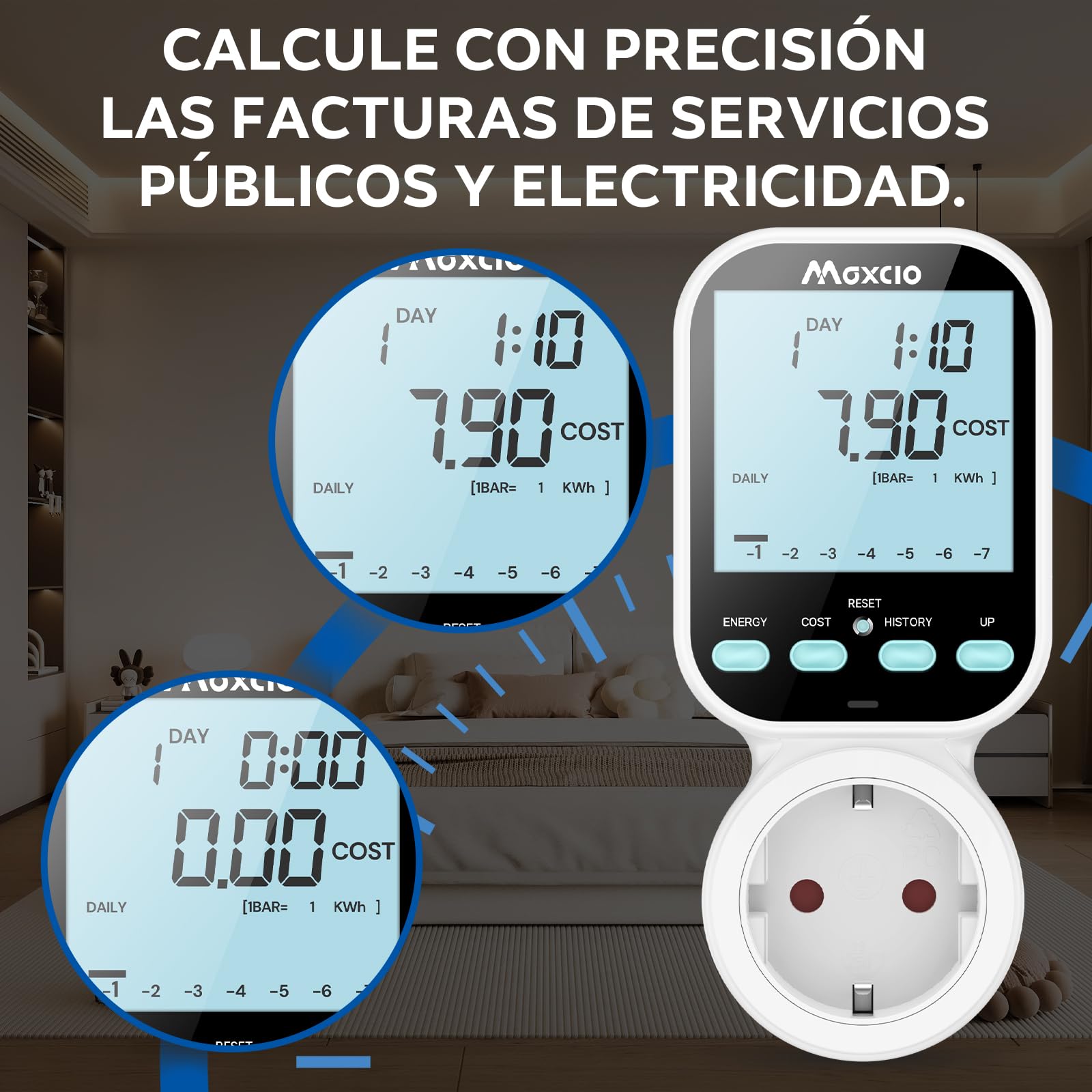 Maxcio Medidor de Consumo de Energía, enchufe de ahorro energético con pantalla LCD retroiluminada, 7 Modos Medidor de Consumo Electrico con Protección contra Sobrecarga, Nuevo Estilo
