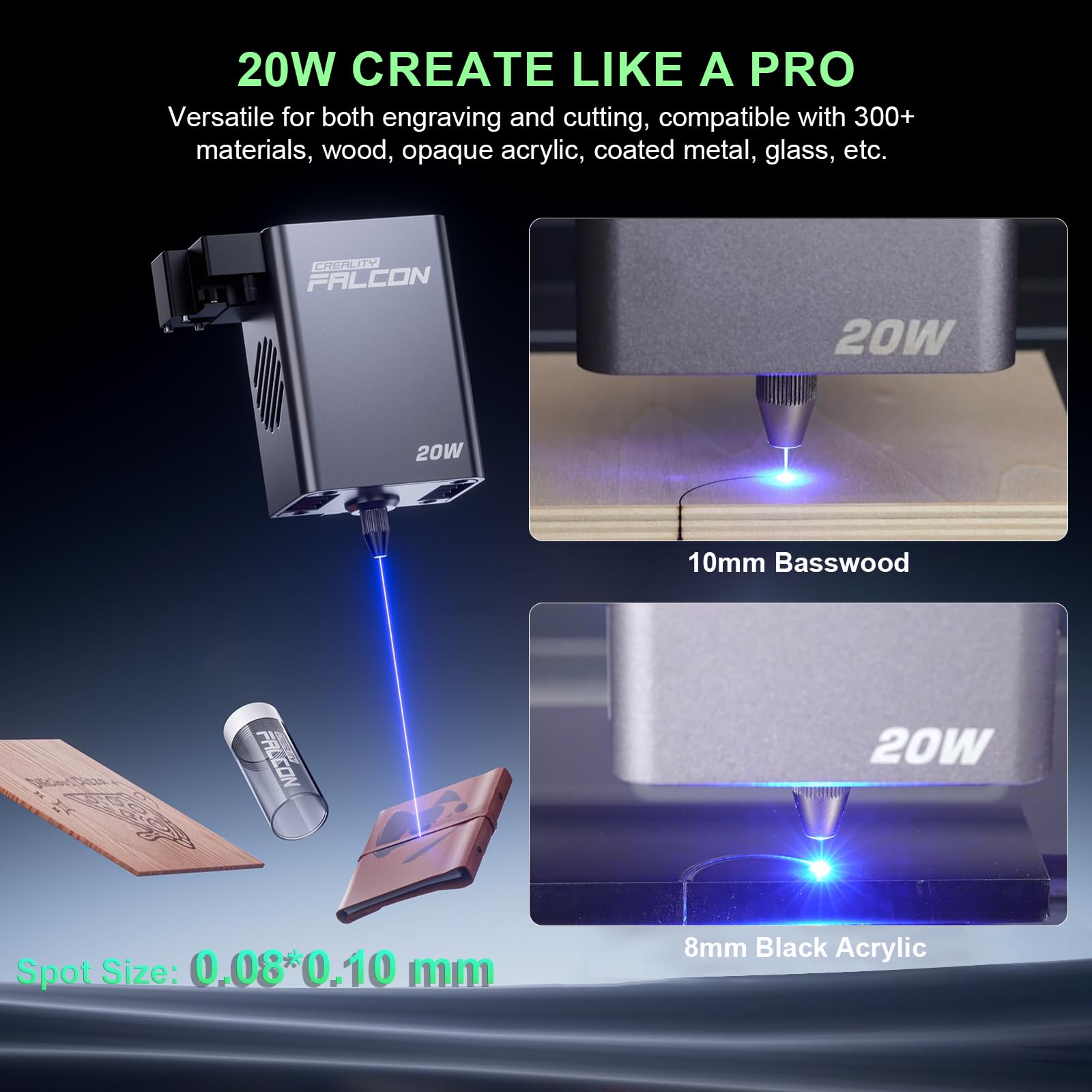 Creality Falcon A1 Pro maszyna do grawerowania laserowego, 20 W, zamknięta, z inteligentnym aparatem, ekranem dotykowym, precyzyjnym autofokusem, sterowaniem za pomocą aplikacji