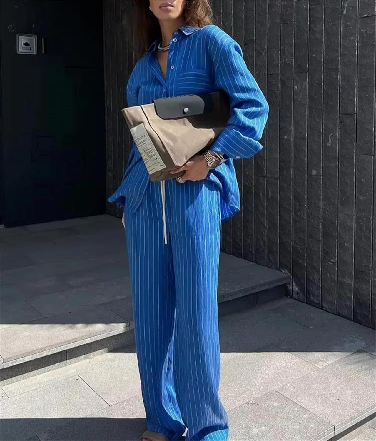 Women’S Striped Pants Suit Loose Lapel Long Sleeve Pocket Single Breasted Drawstring Pants Casual Pant Suits Set