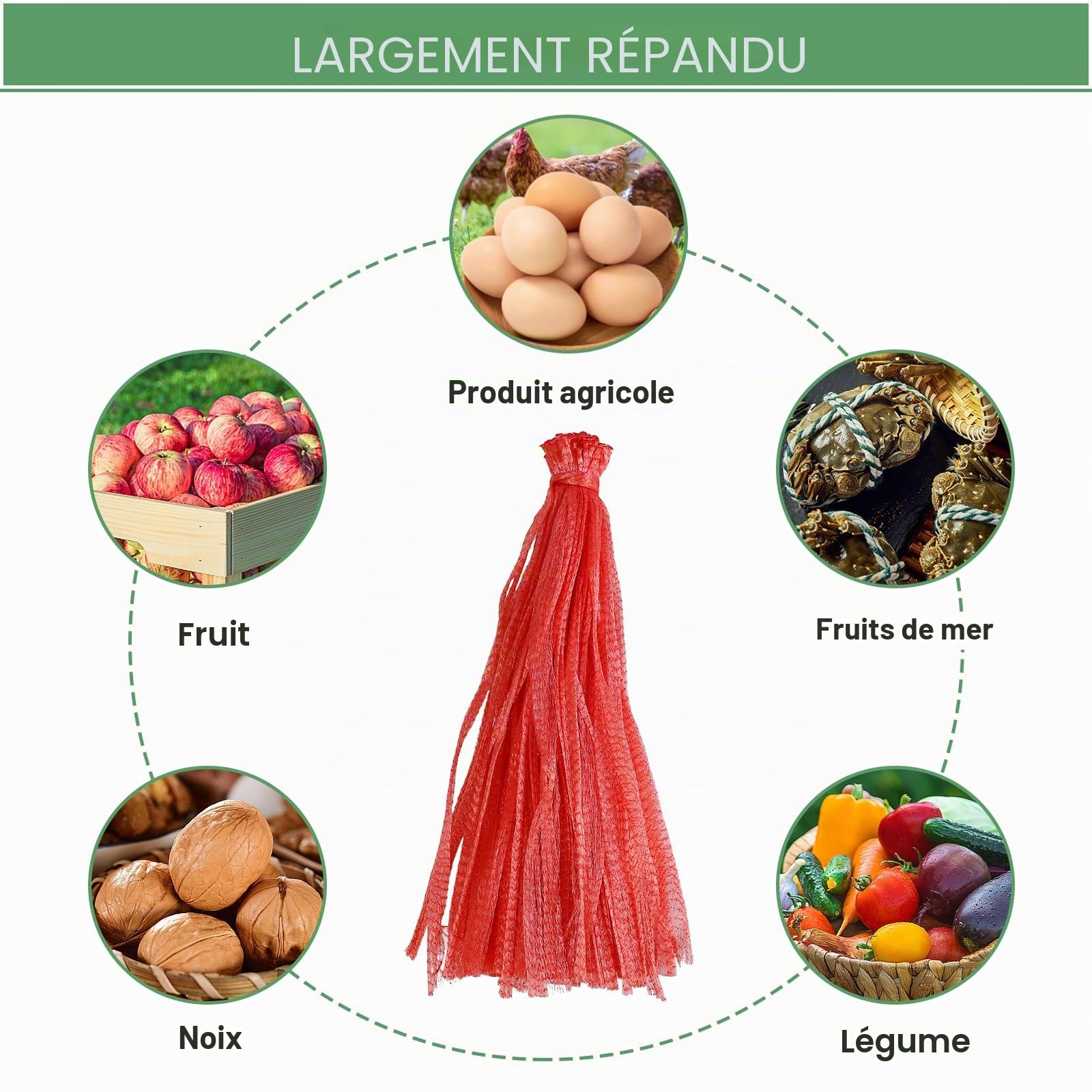 Sac Filet Réutilisable pour Légumes Noix Fruits Œufs avec Boucle Rouge