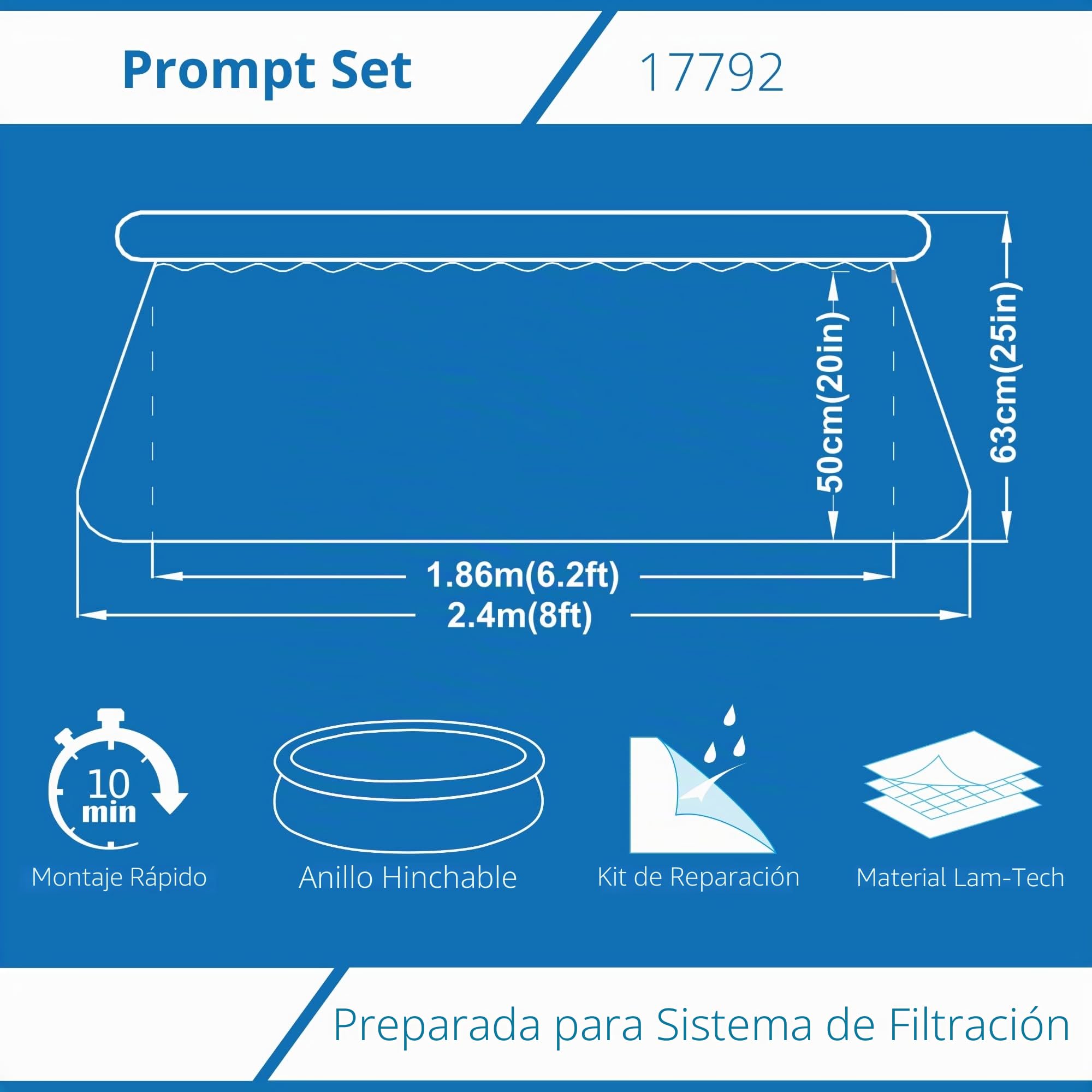 Avenli Prompt Set Pool, Piscina de 240 x 63 cm, Piscina sobre Tierra sin Bomba