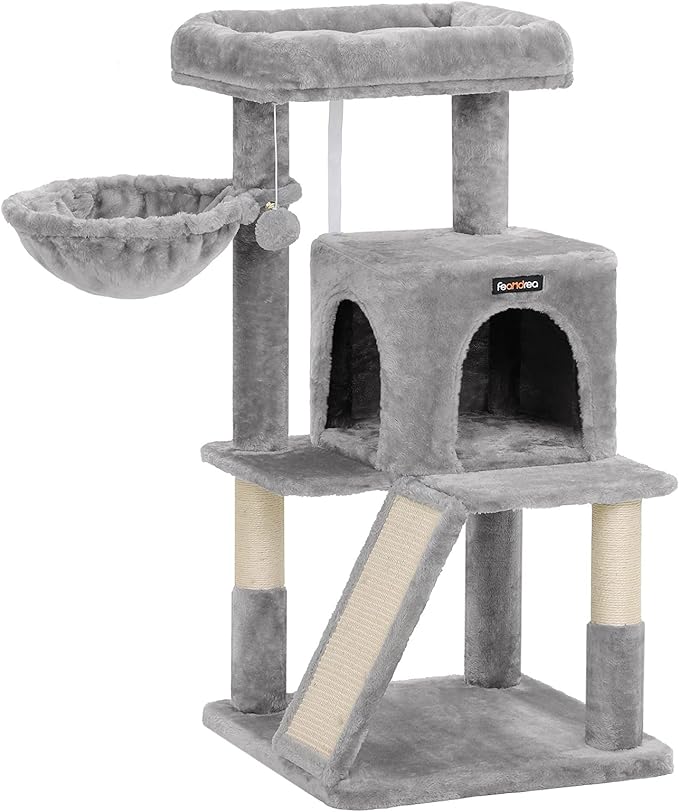 FEANDREA Cat Tree, Cat Tower, Large Perch, Scratching Board, Light Grey