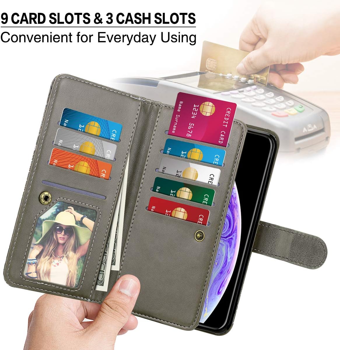 HianDier Case for iPhone Xs Max Wallet Cases with Card Holder 9 Slots Detachable PU Leather Flip Cover Shockproof Magnetic Clasp Lanyard Dual Layer Wallet Case for iPhone Xs MAX, Mandala Gray