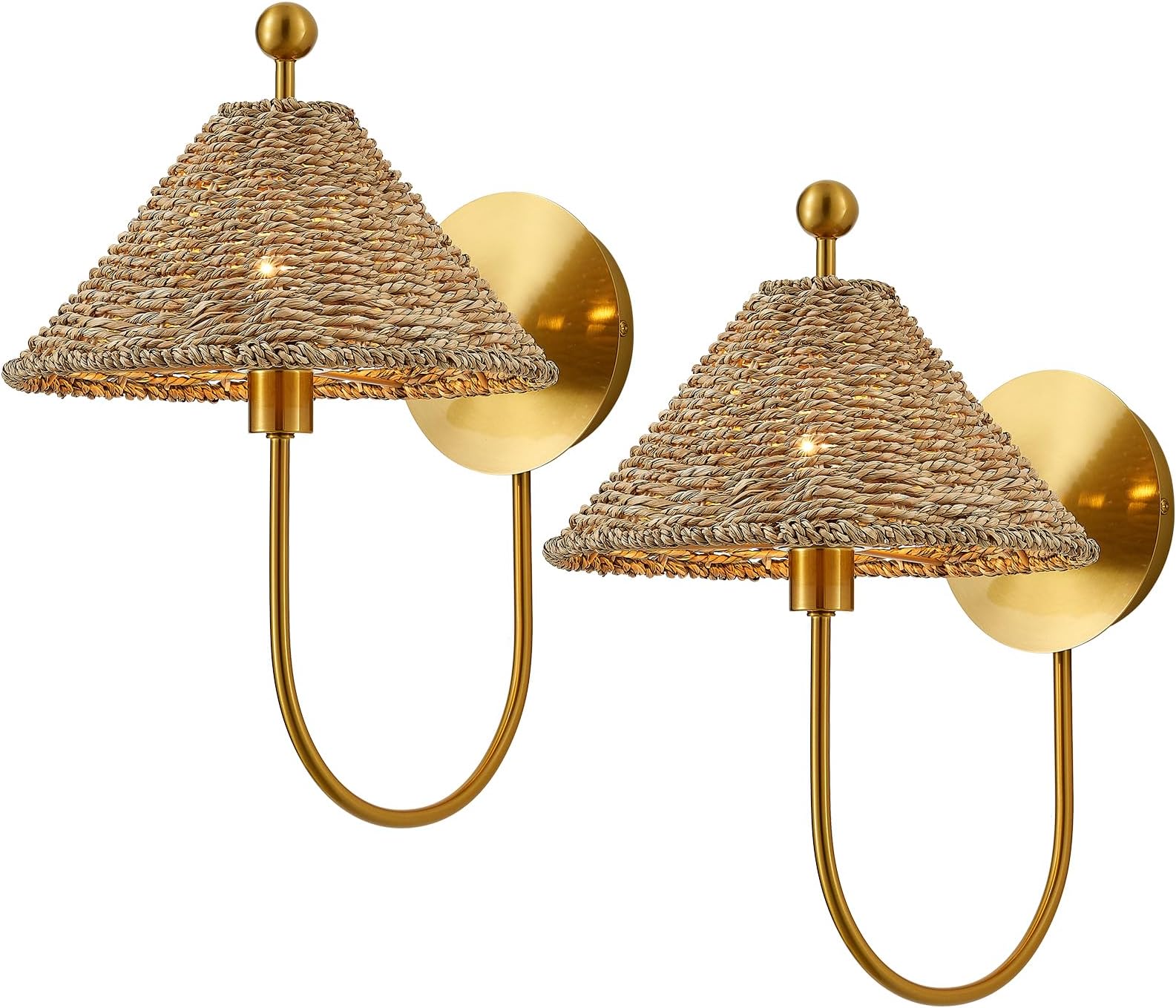 Boho Hand Woven Rattan Wall Scones Set of 2 Brass Wall Lamp Rustic Wall Lights for Bedside Hallway Vanity Stairway Fireplace Living Room, UL Listed