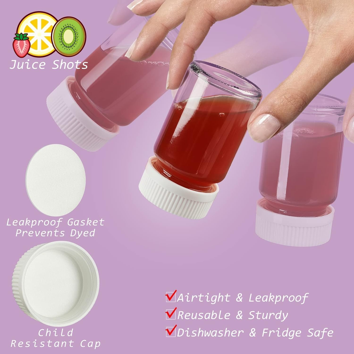 Syntic 8 Pack 2.5 Oz Wide Mouth Juice Shot Bottles with 8 Sealed Press Screw Caps & 4 Airtight Lids! Clear Small Glass Ginger Shot Bottles for Oil, Ginger, Travel Bottle, Reusable and Dishwasher Safe - Image 4