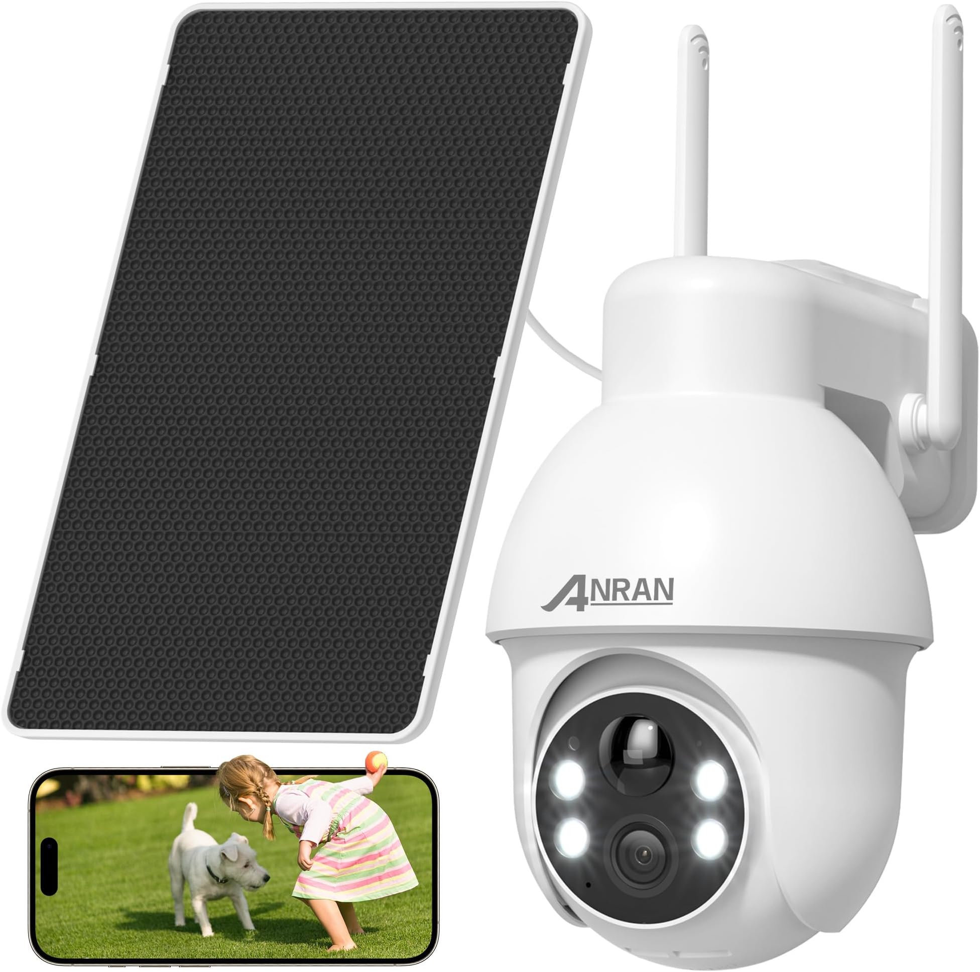 ANRAN 2K Security Camera Wireless Outdoor with 360° View, Solar Outdoor Camera with Smart Siren, Spotlights, 2K Color Night Vision, AI Human Detection, 2-Way Talk, Compatible with Alexa, Q3 White