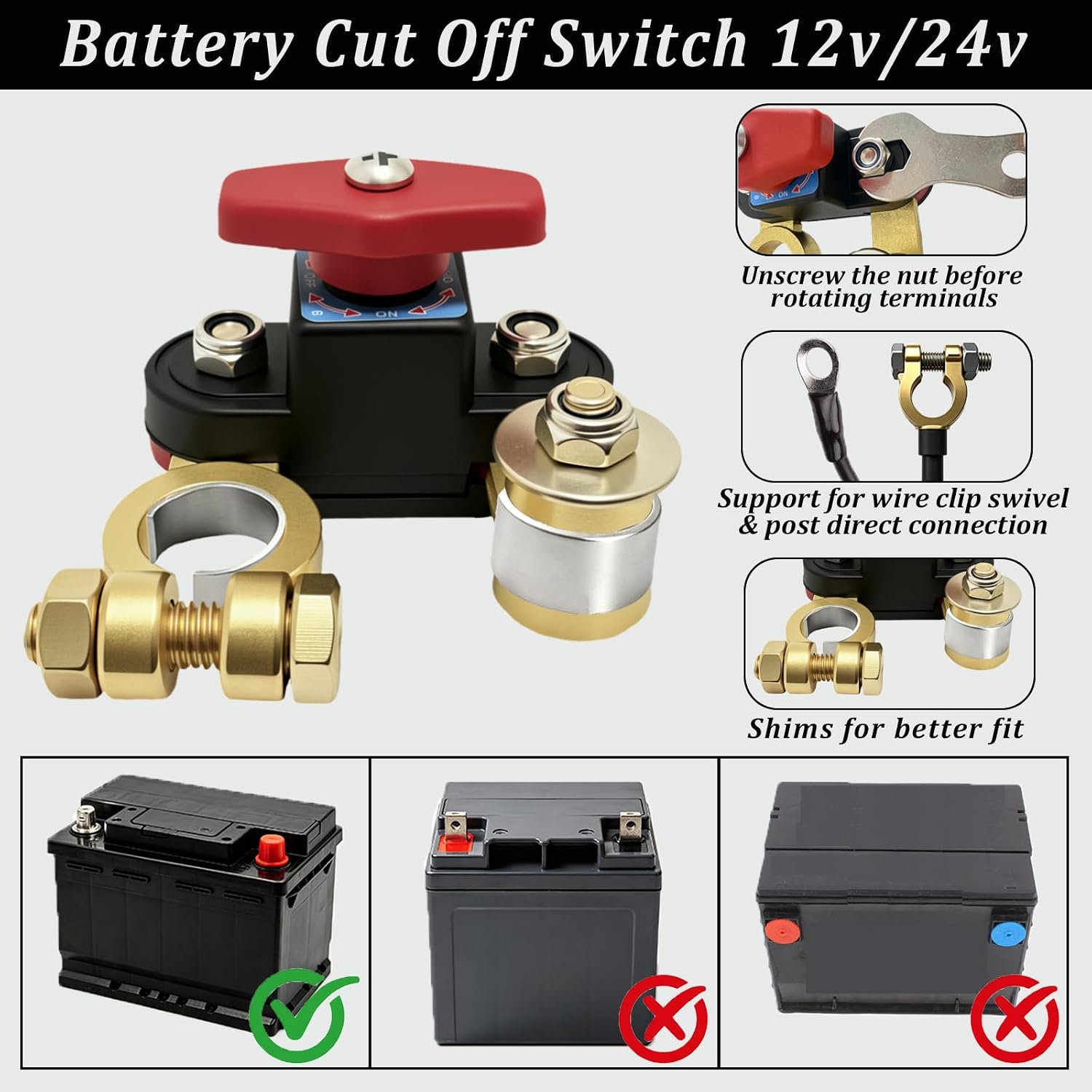 2pcs Car Battery Disconnect Switch 12V, Adjustable Pure Copper Terminals | Battery Cut Off Switch with Hardware Kit, Upgraded Durability Prevents Battery Drain for Truck Boat Rv Marine, No Overheating