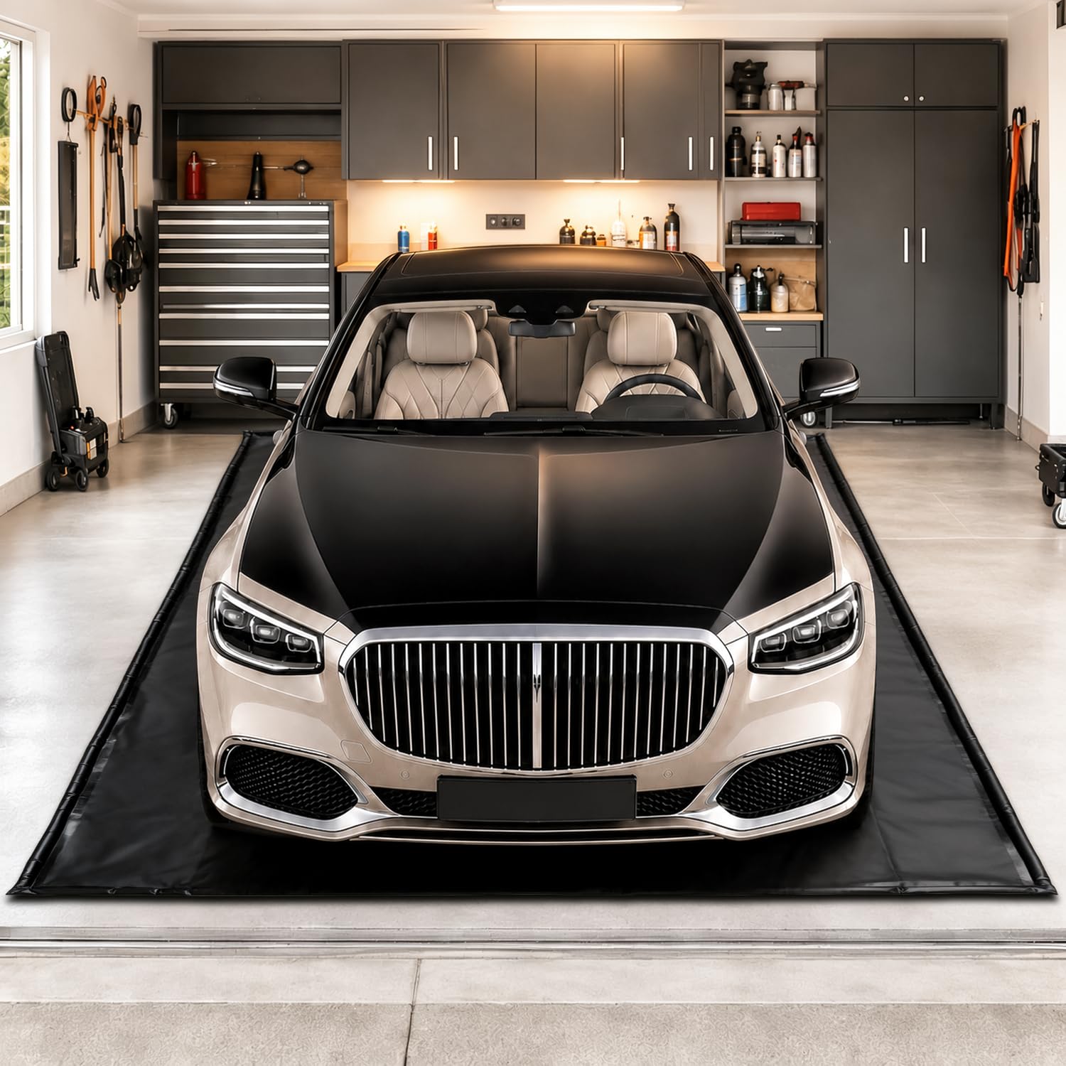 Tapis de sol de garage 240 x 500 cm, tapis d'isolation en PVC avec bord de 3 cm | Antidérapant, imperméable, indéchirable, pour garage, parking, atelier, tapis de lavage, avec curseur à eau et gants inclus