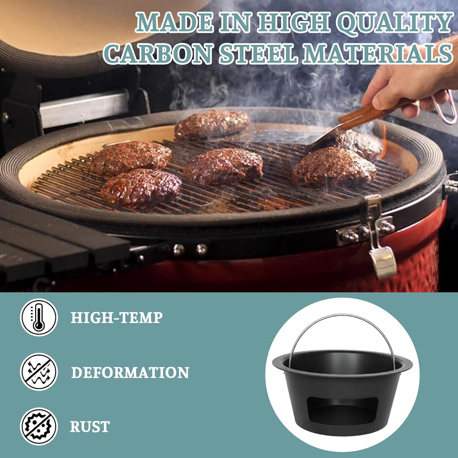 KAMaster Kamado Grill Ash Can with Foldable Handle - Carbon Steel Ash Collector for Kamado Grill Joe Classic,Lightning-Fast Charcoal ash cleanup & High Temp Resistant(Applied to Classic Series)
