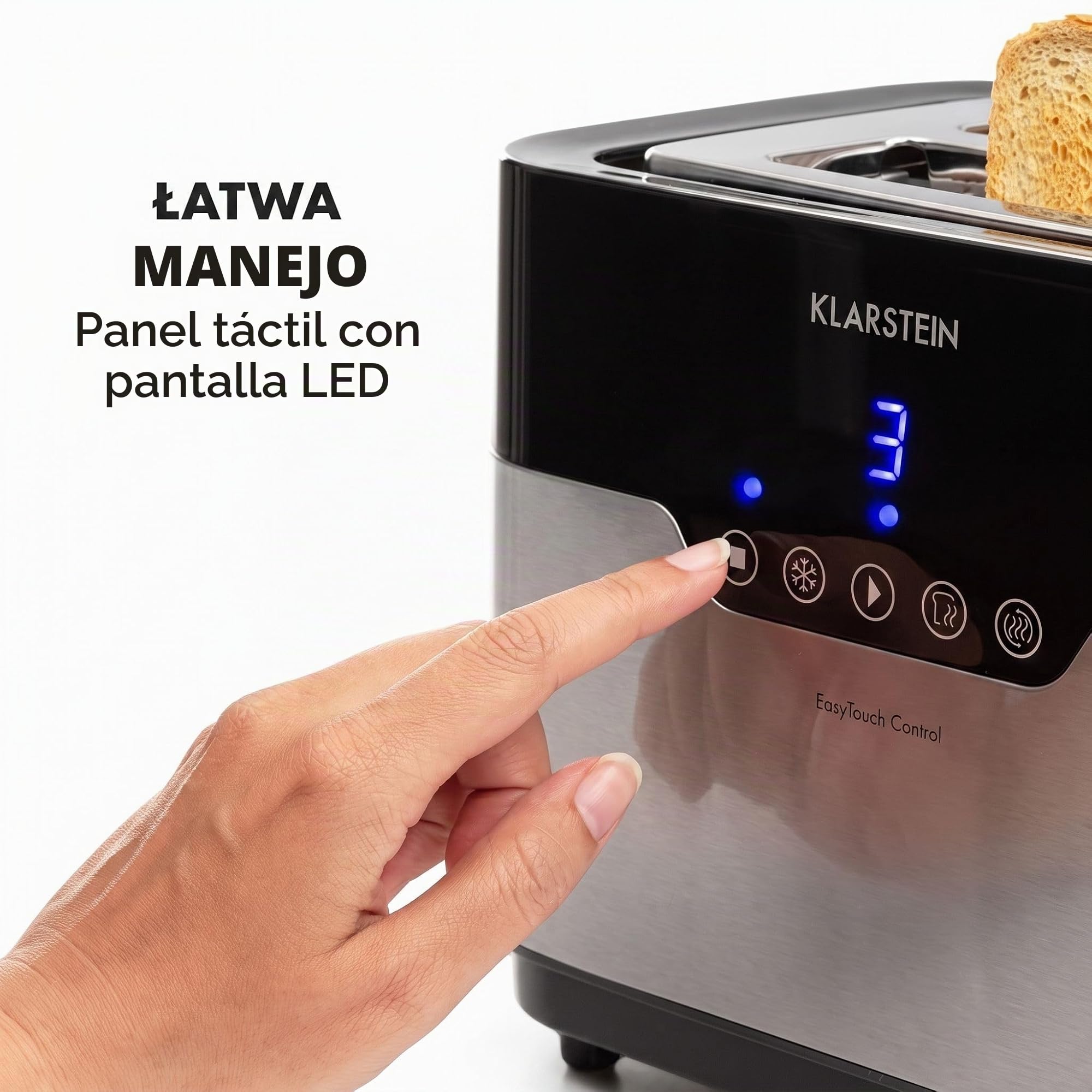 Klarstein Arabica tostadora, 920 W, panel táctil, pantalla LED, funciones descongelar, recalentar y cancelar, rejilla calientapanecillos, bandeja recogemigas, recogecable, acero inoxidable
