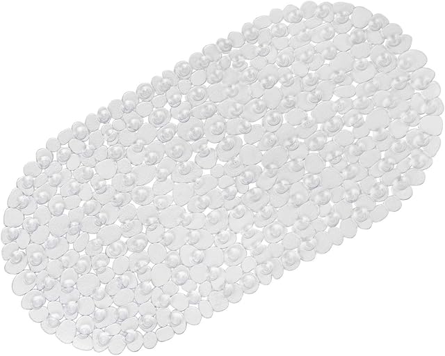 WELTRXE Non Slip Bath Mat for Bathroom, Pebble Frosted Flexible PVC Bathtub Mat, Anti-Mould Anti-Slip Oval Plastic Shower Mats with Grip Suction Cups & Drain Holes, Machine Washable, Clear, 69 x 36 cm