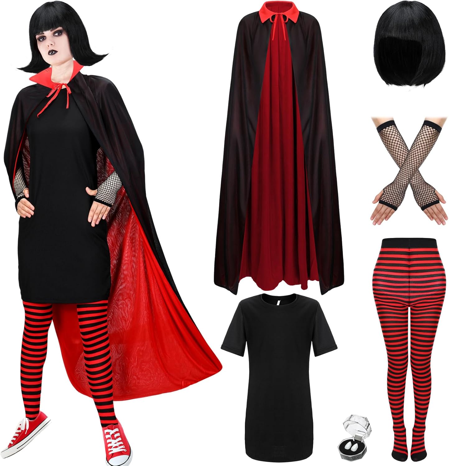 Jiuguva 6 Pcs Halloween Vampire Cosplay Costume for Women Black and Red Legging Black Dresses Vampire Fangs Gloves Wig Cape