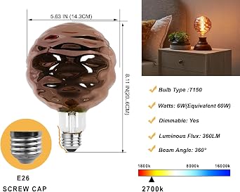LUXON Large Decorative LED Light Bulb,T150 Warm 6W E26 (Copper Glass) | Dimmaable Antique Edison Bulbs,Vintage Irregular Water Ripple Shape,Copper Coating Glass Filament,2700K