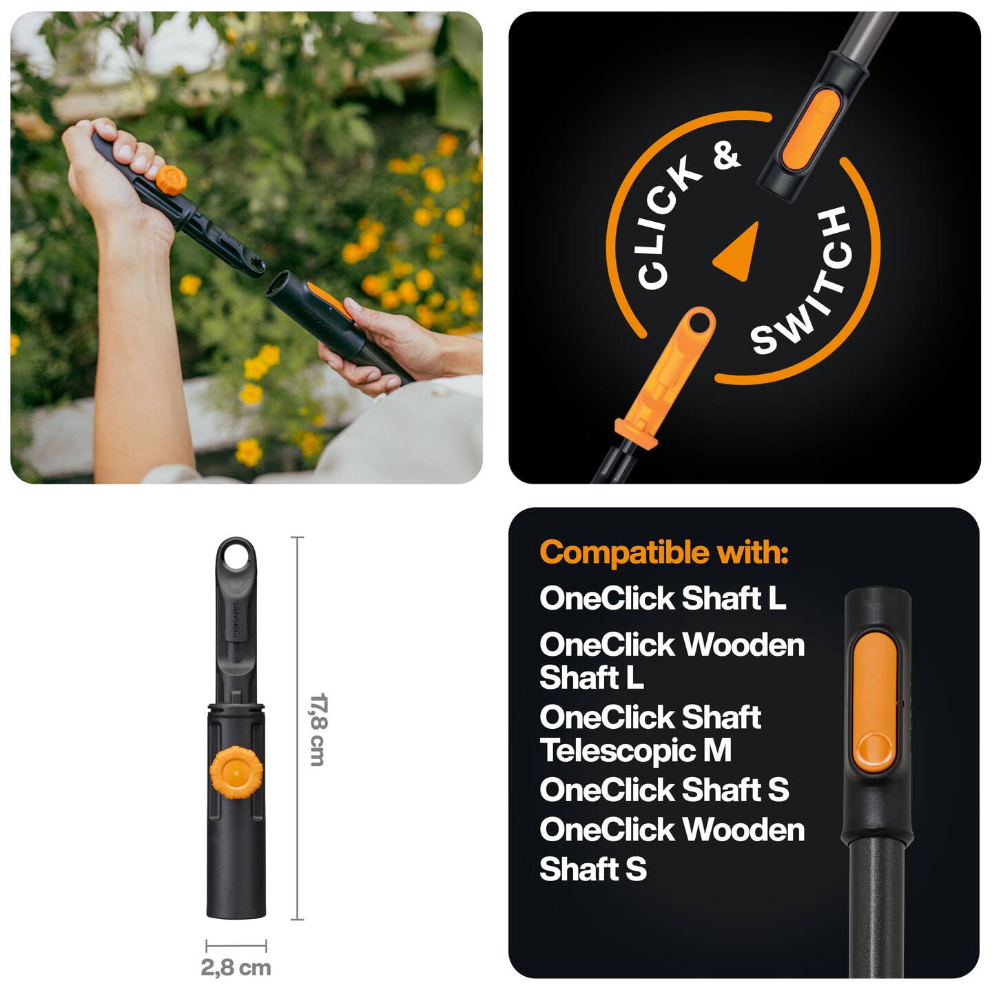 Fiskars OneClick Adaptador Universal, Conexión de Mangos OneClick con Cabezales de Herramientas de Otras Marcas, Amplia Compatibilidad, Negro y Naranja, 1080704