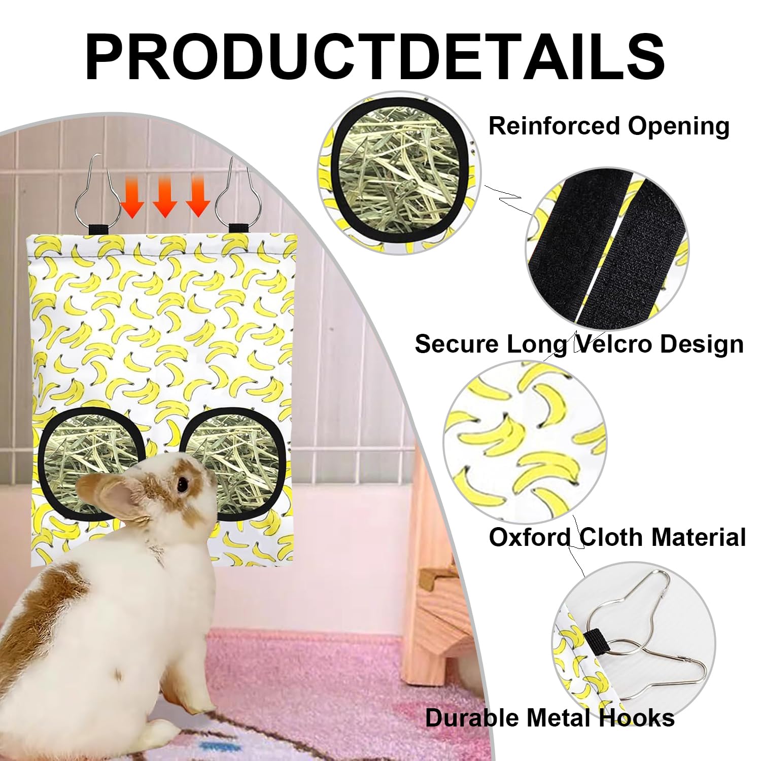 3 Pcs Rabbit Hay Feeder Bags - 2 Hole Hanging Rabbit Hay Feeder for Guinea Pigs, Chinchillas, Hamsters and Small Pets | Durable Anti-Waste Bunny Feeding Bag with Metal Hooks, Washable - image 3