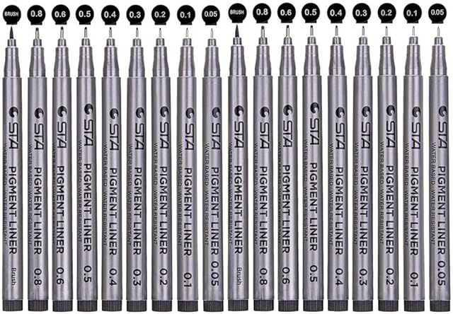 byou Fineliner Pens,Micro Drawing Pens Assorted Nib Sizes Black Pigment Ink Pens with Brush for Writing Sketching Drawing Inking 18packs