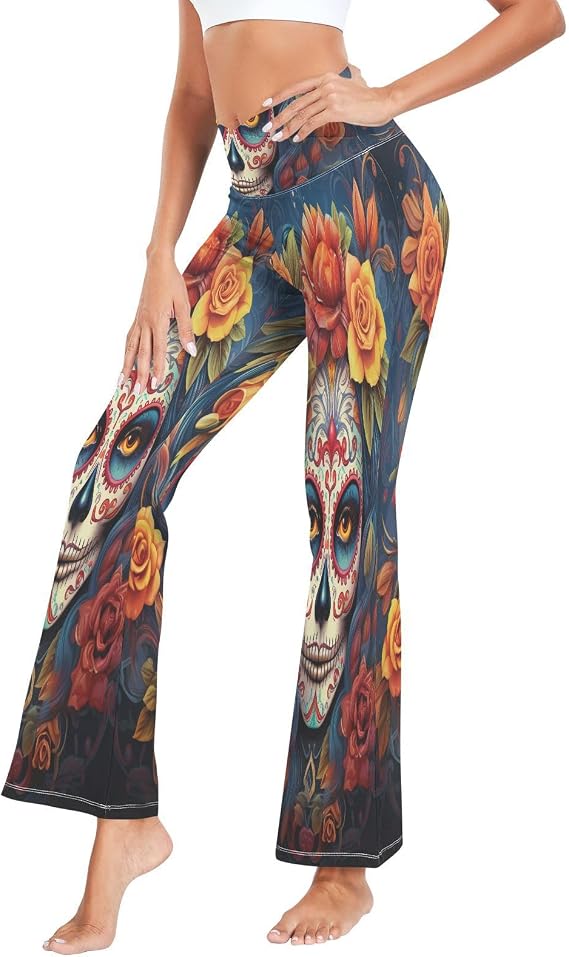 ALAZA Women's Dia Muertos Mexican Day of The Dead Girl Sugar Skull Flare Yoga Pants