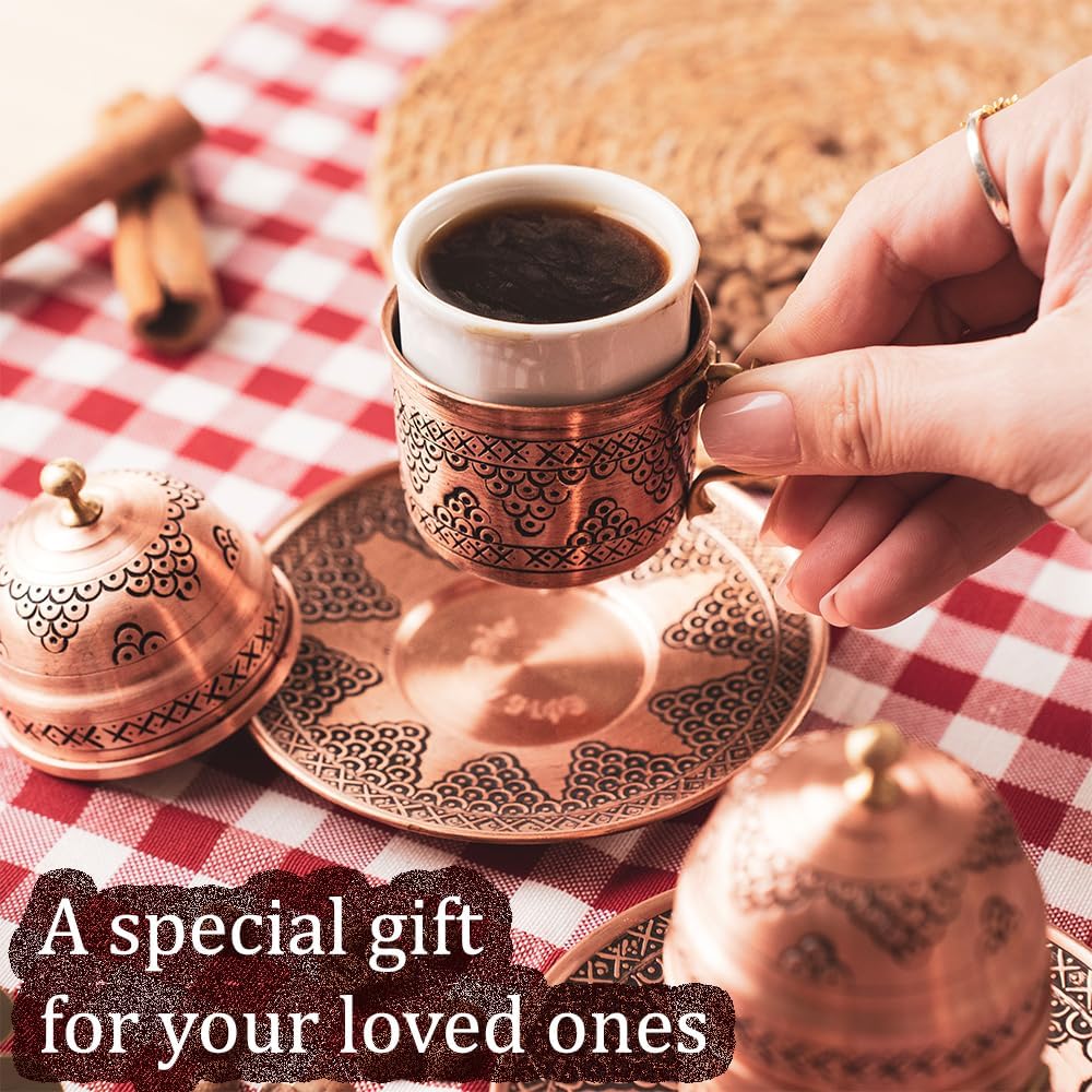 Pure Copper Turkish Arabic Greek Moroccan Coffee Espresso Cup and Saucer Set of 2 Lid Mug Inner Porcelain Serving Drinking Drink Gift Mini Small Fancy Antique Handmade for Home Vintage Unique - Image 7