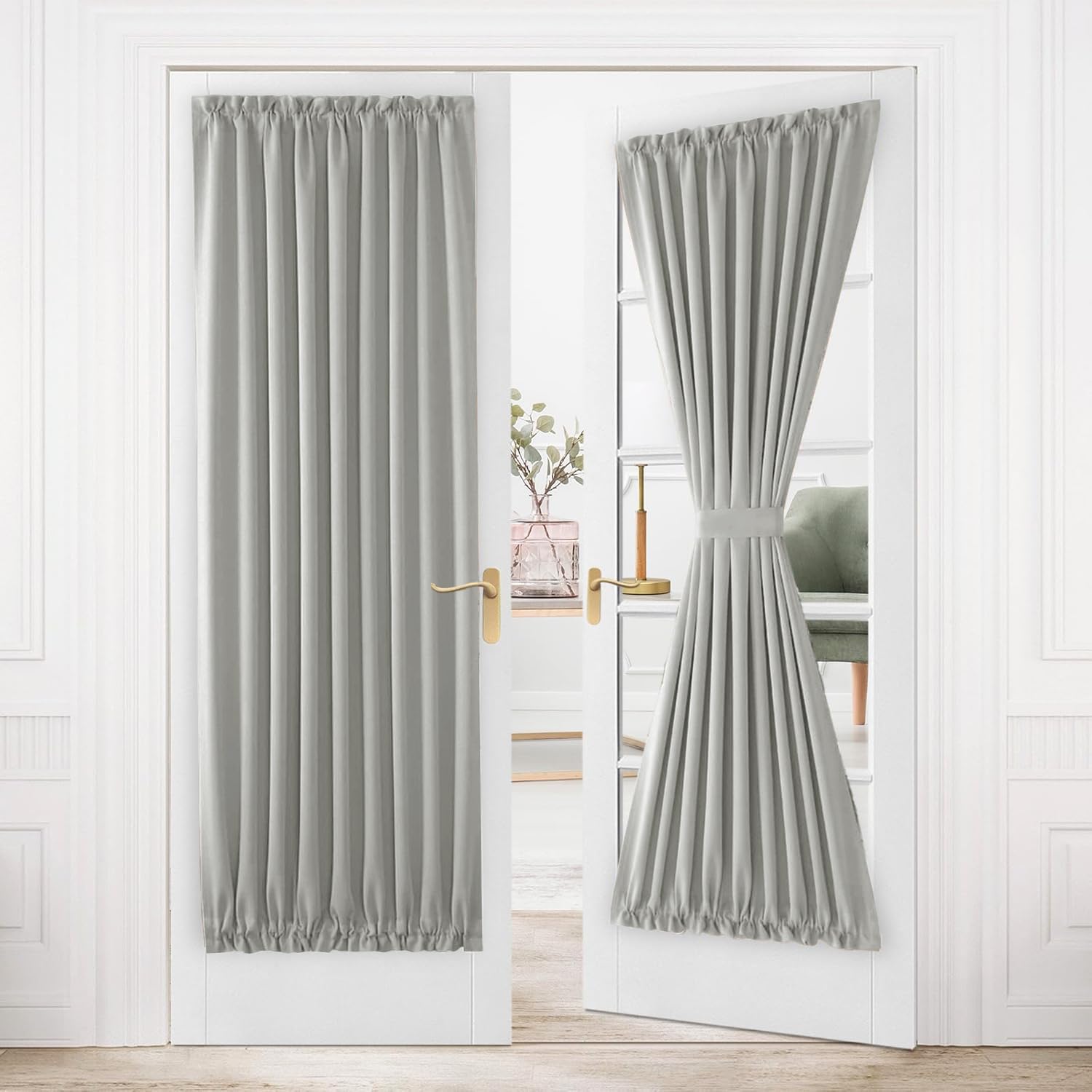DWCN French Door Curtains – Rod Pocket Thermal Blackout Curtain for Window/Patio Doors/Doorways/Classroom/Kitchen for Privacy, 36W by 80L Inches, 1 Panel with Tieback, Silver Grey — image 1