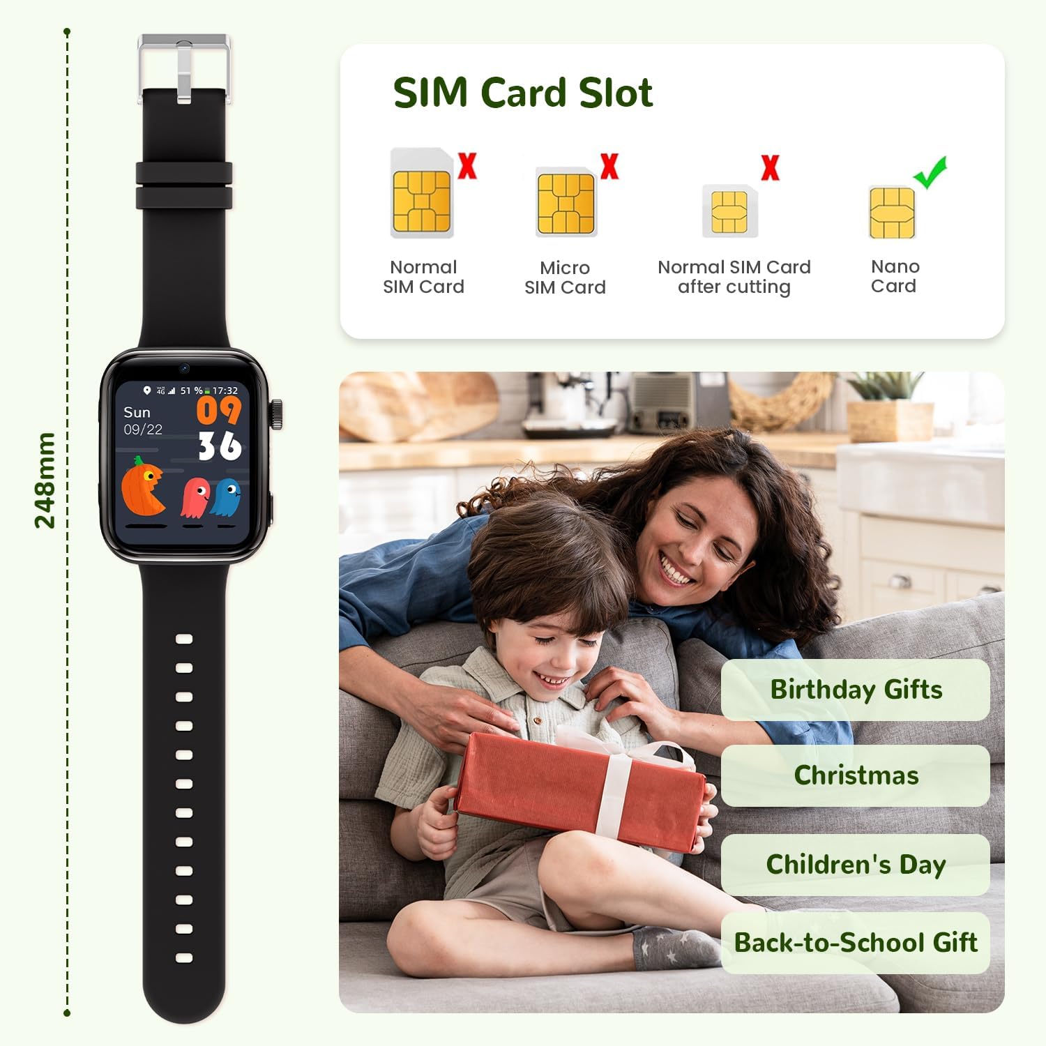 Diagram showing the SIM card slot on the smartwatch and indicating that only a Nano SIM card is compatible, with illustrations of incompatible SIM card types.