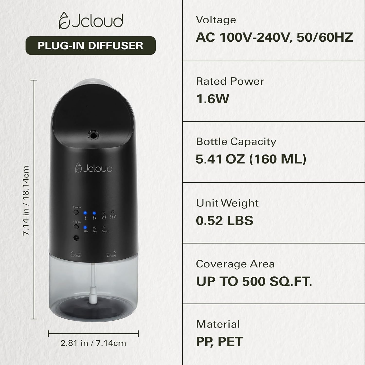 JCLOUD Plug in Diffuser for Essential Oils, Waterless Scent Diffuser Cover Up to 500 Sq. Ft. for Home, Office, Spa - Portable Wall Aromatherapy Device 160ML, Black - Image 7