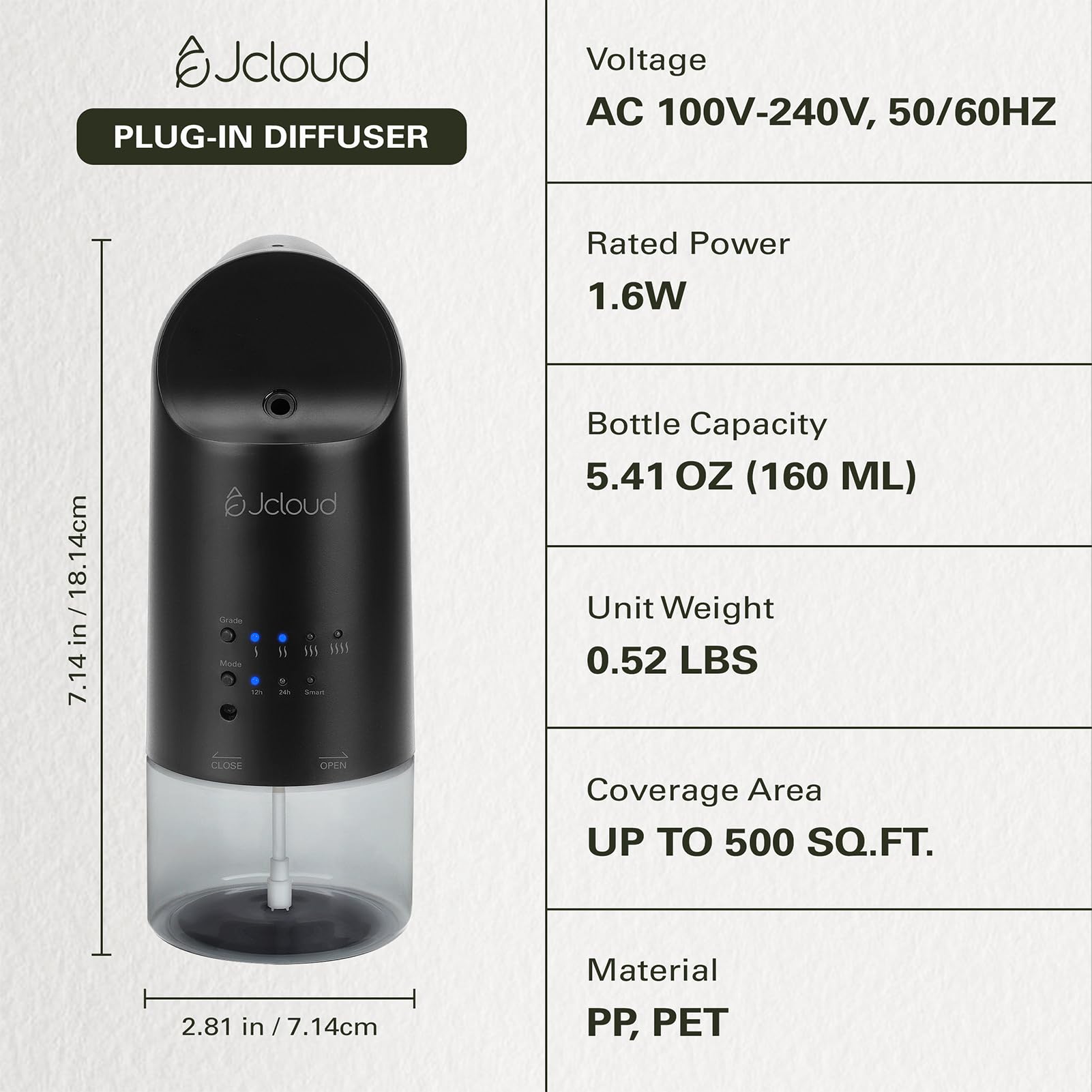 JCLOUD Diffusore Plug in per oli essenziali, diffusore di profumo senz'acqua fino a 500 mq. per casa, ufficio, spa, diffusore portatile da parete intelligente 160 ml, nero