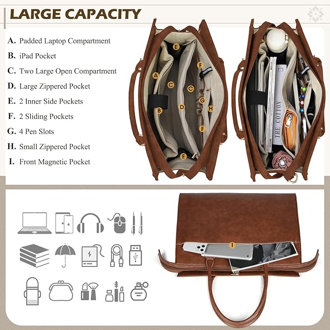 RAINSMORE Laptoptassen voor vrouwen 39,6 cm Lerares Tas Grote Verpleegkundige Utiliteitstas Computer Messenger Aktentas met Geïsoleerde Zak voor Werk School Kantoor Bedrijf Universiteit, Grijs, 32 cm