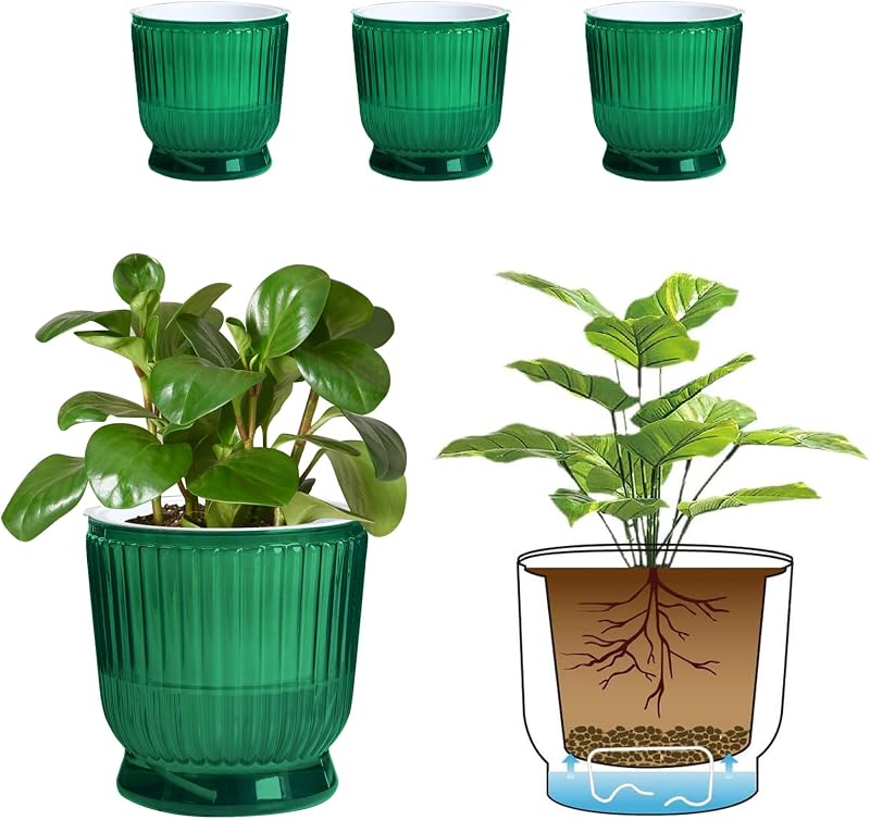 T4U Self Watering Pots for Indoor Plants 6 Inch 4 Pack Planter Green | Clear visible water level, Pothos ferns herbs, Office desk living room, Easy care maintenance