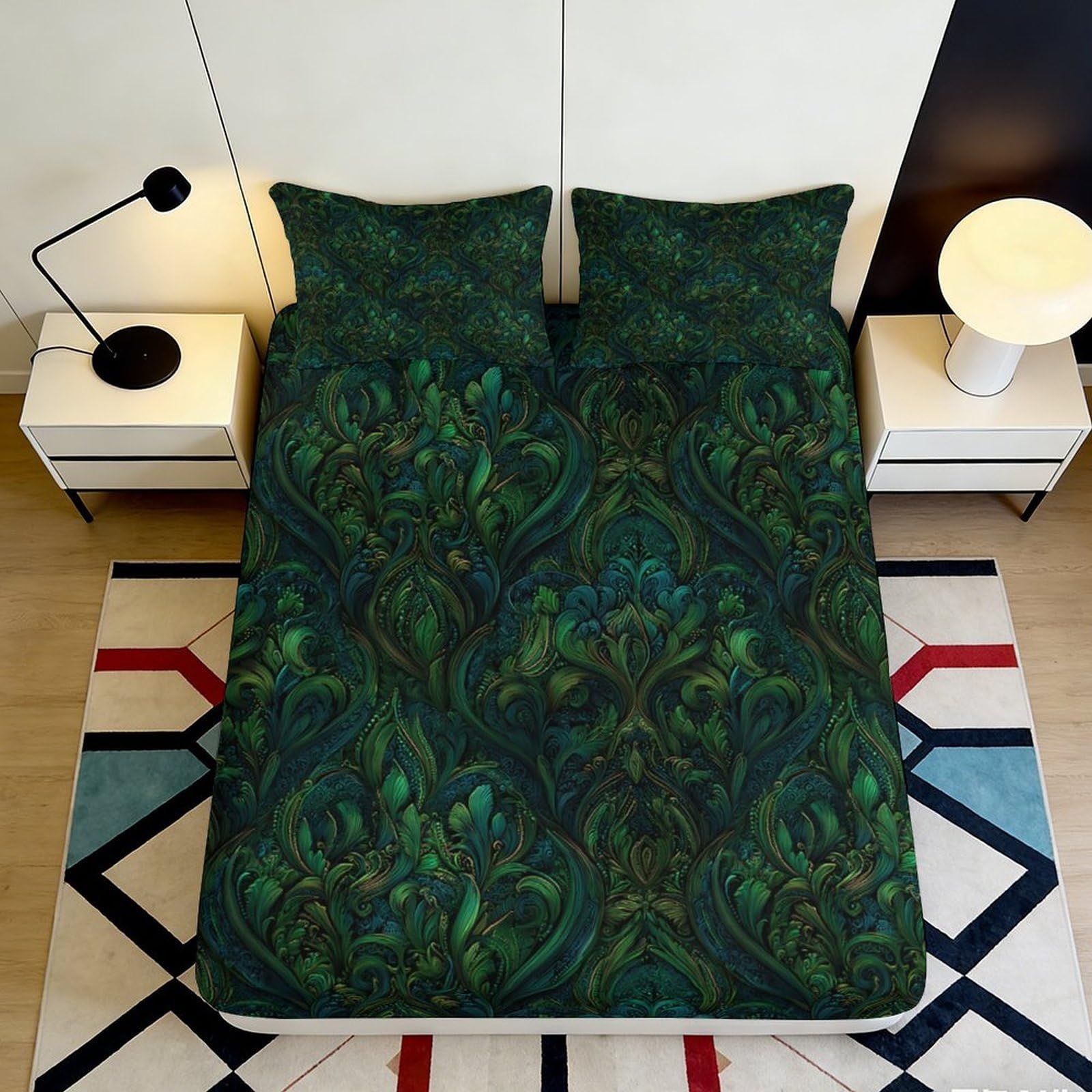 3D Printed Dark Green Botanical Fitted Sheet Microfiber Anti-Slip Peacock Feather Mattress Cover Bedroom Decor 90x200x25cm