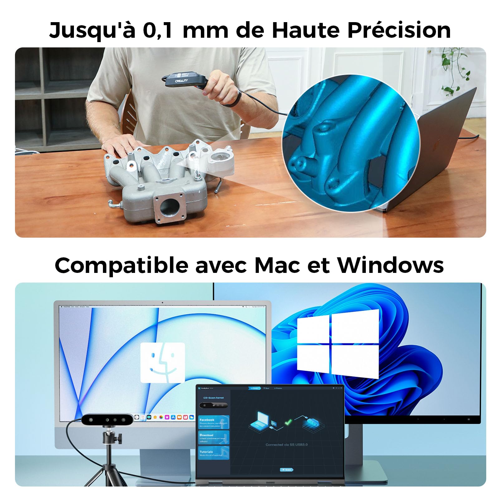 Creality Scanner 3D pour Imprimantes 3D, CR-Scan Ferret SE Machine de Numérisation Portable, 30FPS Vitesse Numérique & 0.1mm Précision, ASIC Chipset Pleine Couleur, Compatible pour PC Windows/Mac OS