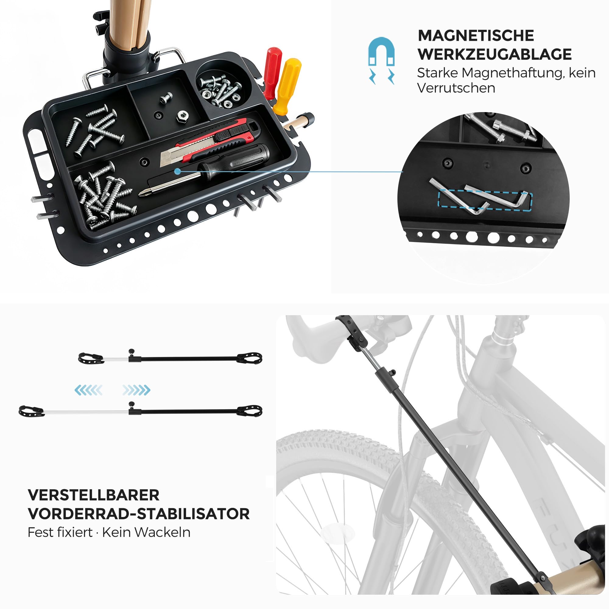 3-Bein Fahrrad Reparatur- & Montageständer Aluminium, Vollständig Zusammenklappbar, Doppelsicherheitsverschluss, Platzsparend, Ultraleicht, Großflächige Magnetische Werkzeugablage