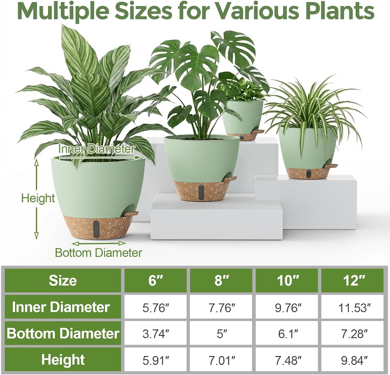 Plant Pots, 12" 10" 6" 8" Inch Self Watering Pots with Water Level Indicator, Set of 5 Flower Pots Indoor with Drainage Holes, Modern Planters for Indoor Outdoor Plants, Room & Office Décor image 4