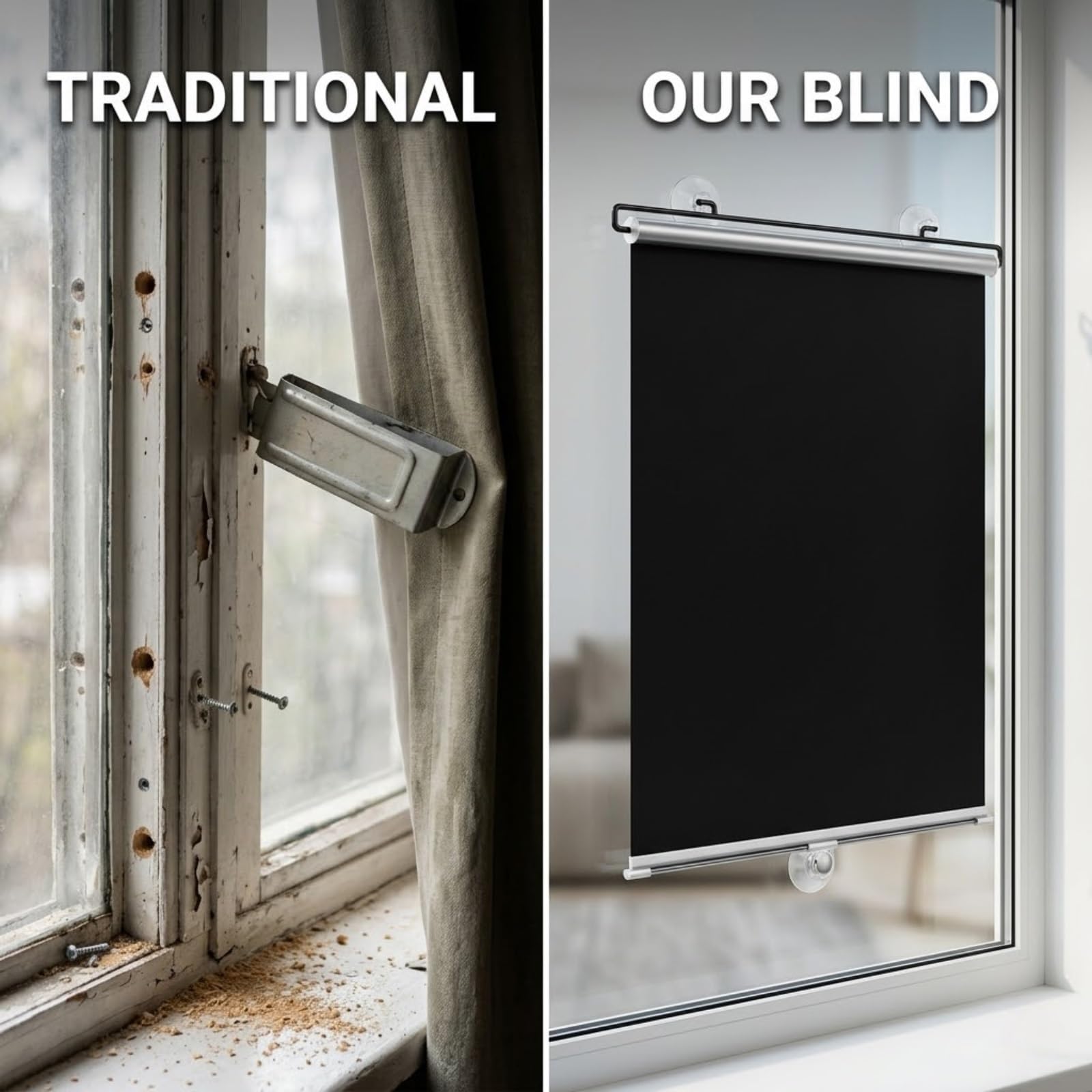 Verdunkelungsrollo ohne Bohren mit Saugnäpfen, Sonnenschutz Fenster innen, Hitzeschutz Thermo Rollo für Auto, Büro & Dachfenster, Einziehbar Sichtschutz, 68x125cm(Black,79W x 150H cm)