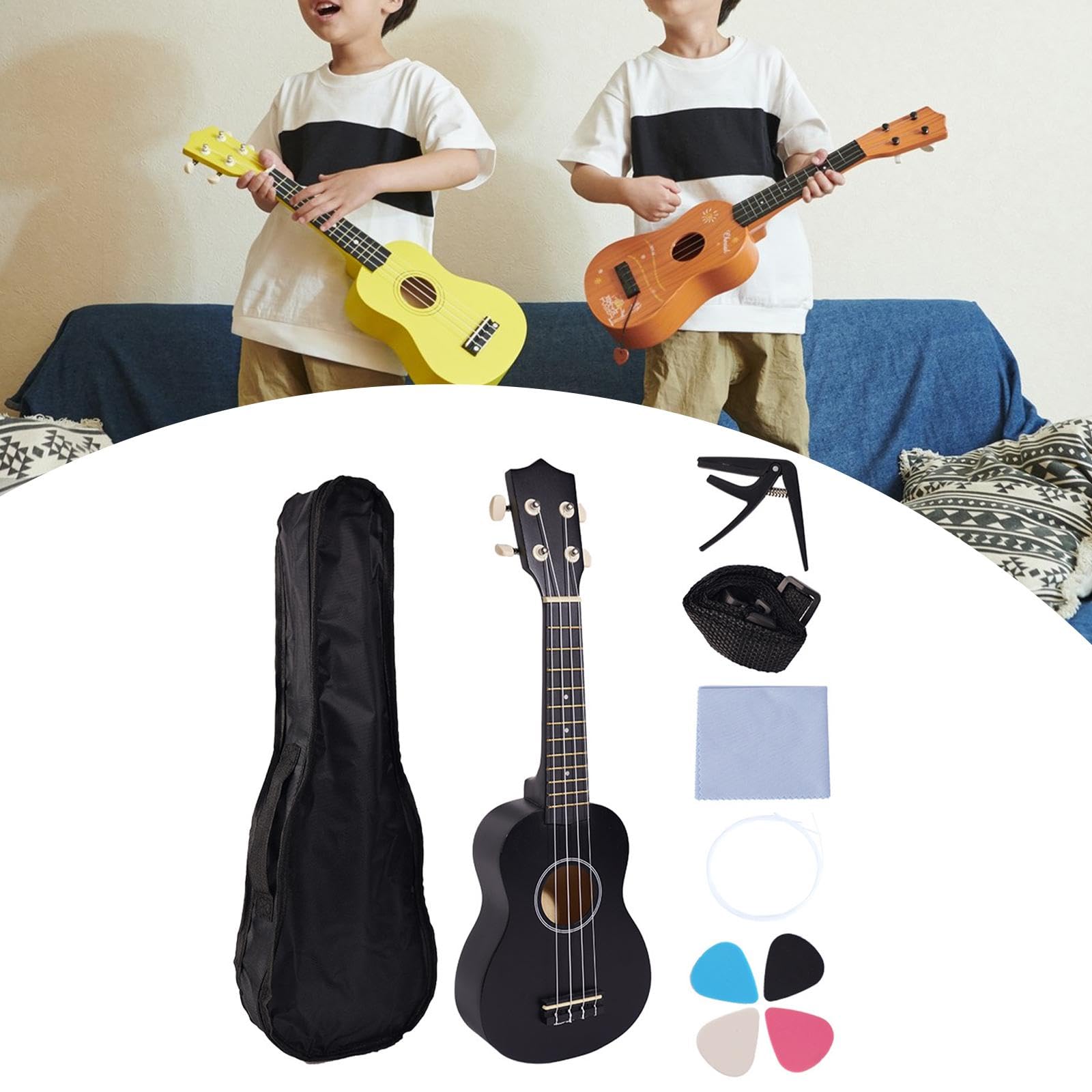 Ukelele Infantil de, Mini Ukelele para Niños, Guitarra Portátil, Juguete Educativo Temprano, Instrumento Musical de 21 Pulgadas para Niños, Negro