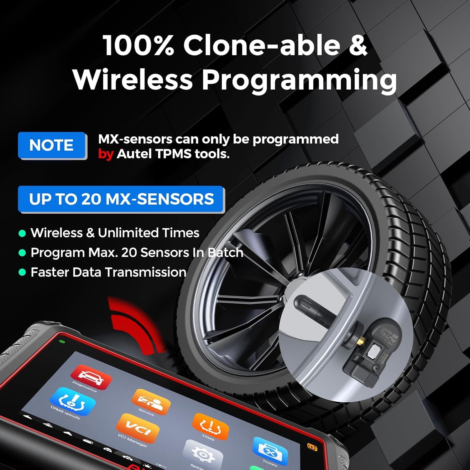 Autel MX-Sensor TPMS Sensore, Doppia Frequenza, Livello OE per 98% Autos, Sensore Pneumatici Programmabile 100%, Compatibili con TS408S TS508WF TS501PRO TS601 Strumento TPMS (Valvola in Gomma, 4PCS)