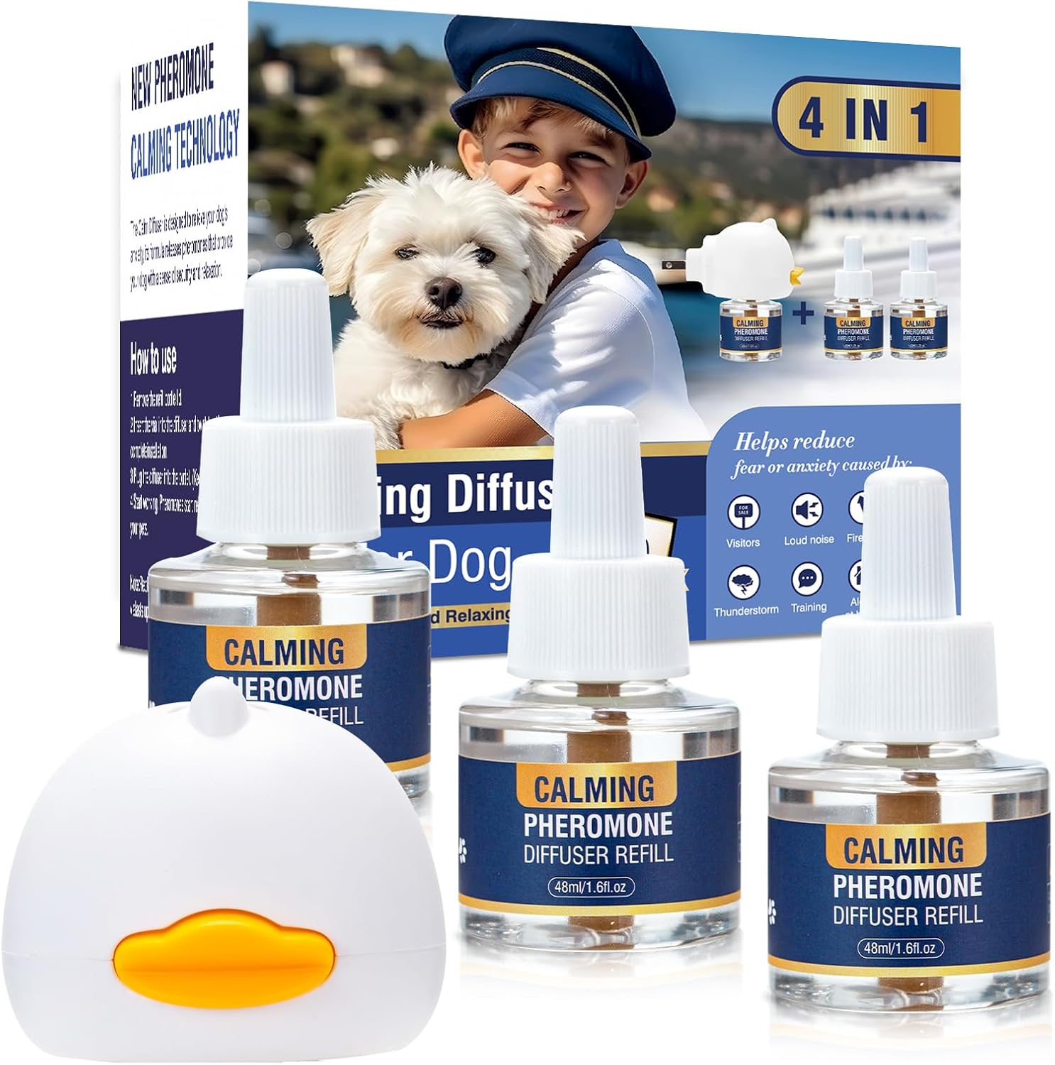 4-in-1 Calming Dog Diffuser with Pheromones for Anxiety Relief 4-in-1 Calming Dog Diffuser with Pheromones for Anxiety Relief