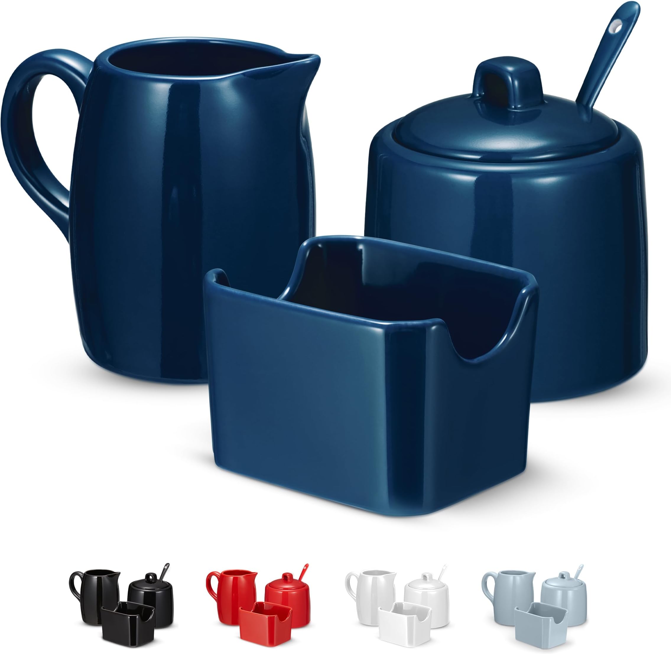 KooK Sugar and Creamer Set, 3 Piece, Pitcher, Sugar Bowl with Lid and Spoon, Sweetener Holder (Navy)