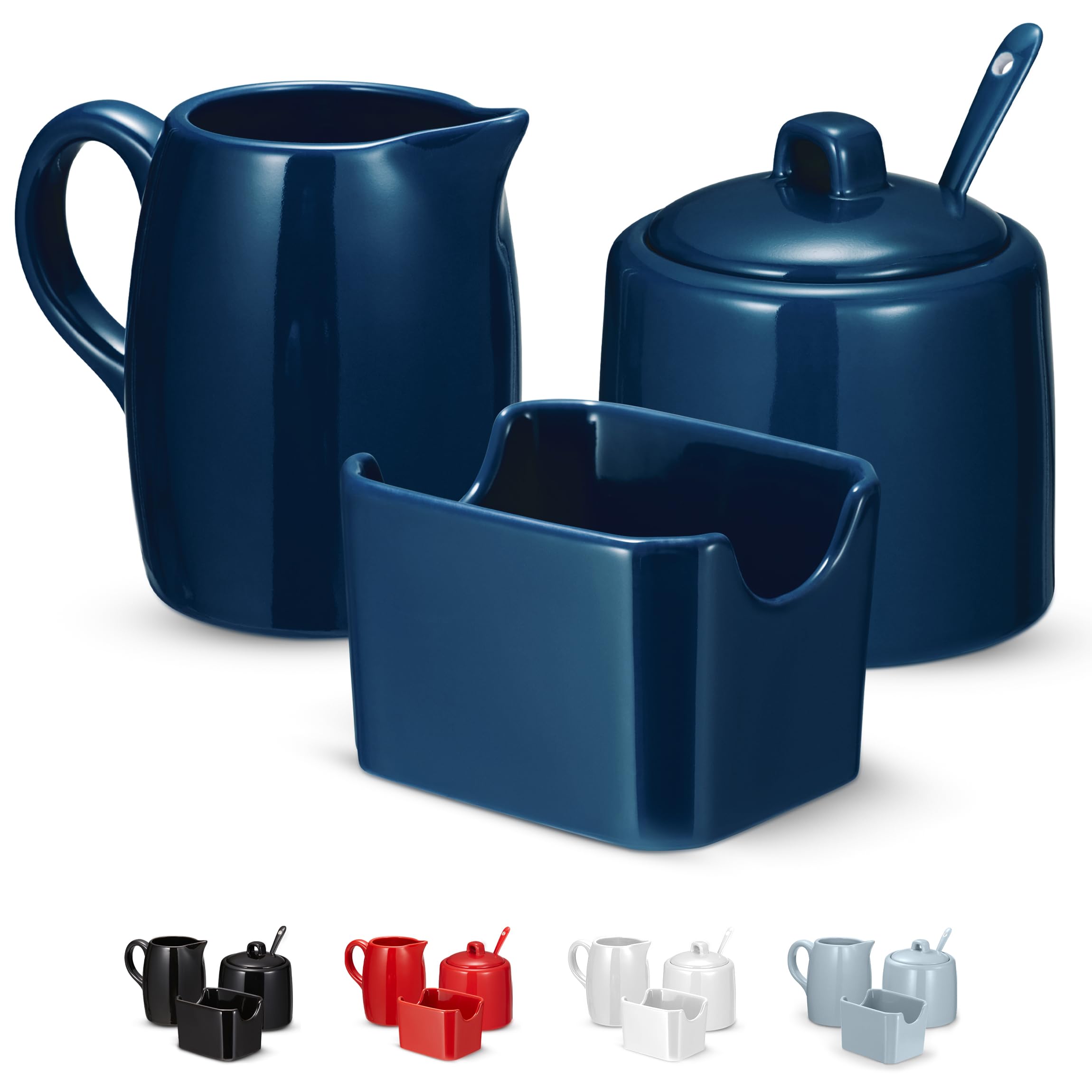 KooK Sugar and Creamer Set, 3 Piece, Pitcher, Sugar Bowl with Lid and Spoon, Sweetener Holder (Navy)