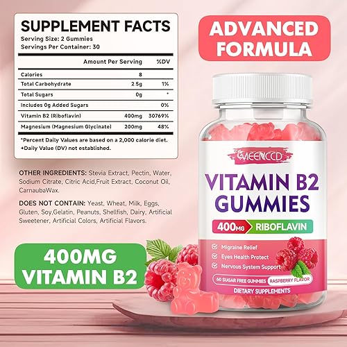 Miniatura 2 de Paquete de 2 gomitas de vitamina B2, riboflavina, suplemento de 400 mg con magnesio para niños y adultos, gomitas B2 para alivio de la migraña,