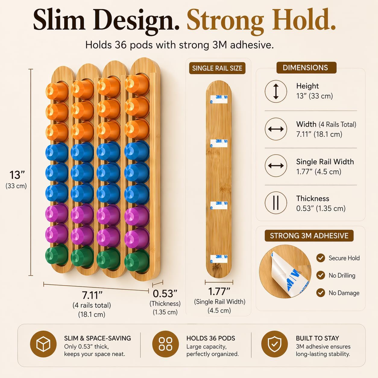 Bamboo Coffee Pod Holder, Adhesive Wall Mount (No Drilling) for Cabinet Door, 36-Capsule Storage (Set of 4) — Vertical/Horizontal — Compatible with Nespresso Original Line-Bamboo Brown