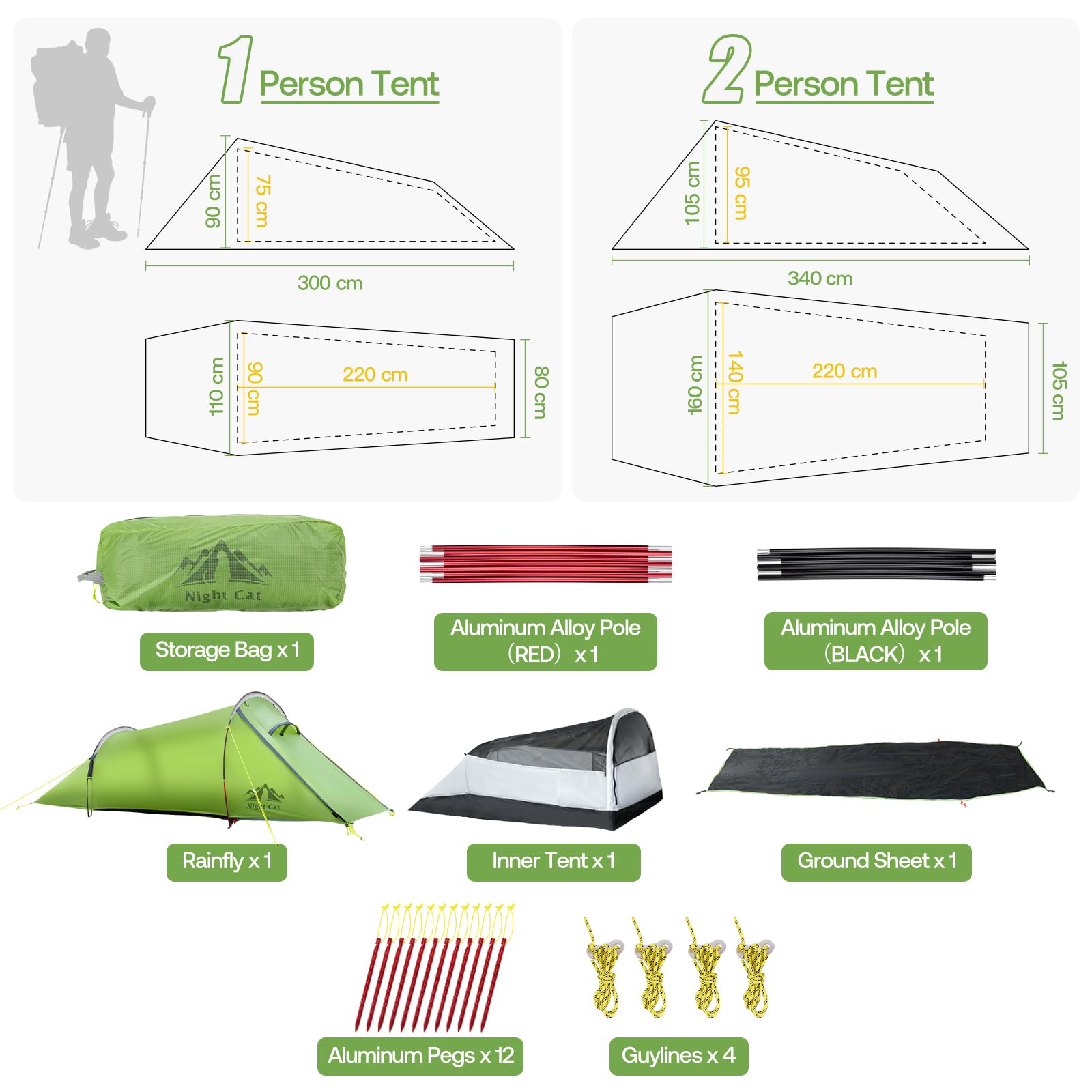 Night Cat Tiendas de Túnel 1 2 Personas: Ultraligero 1.5kg Impermeable Profesional Tiendas Camping Trekking