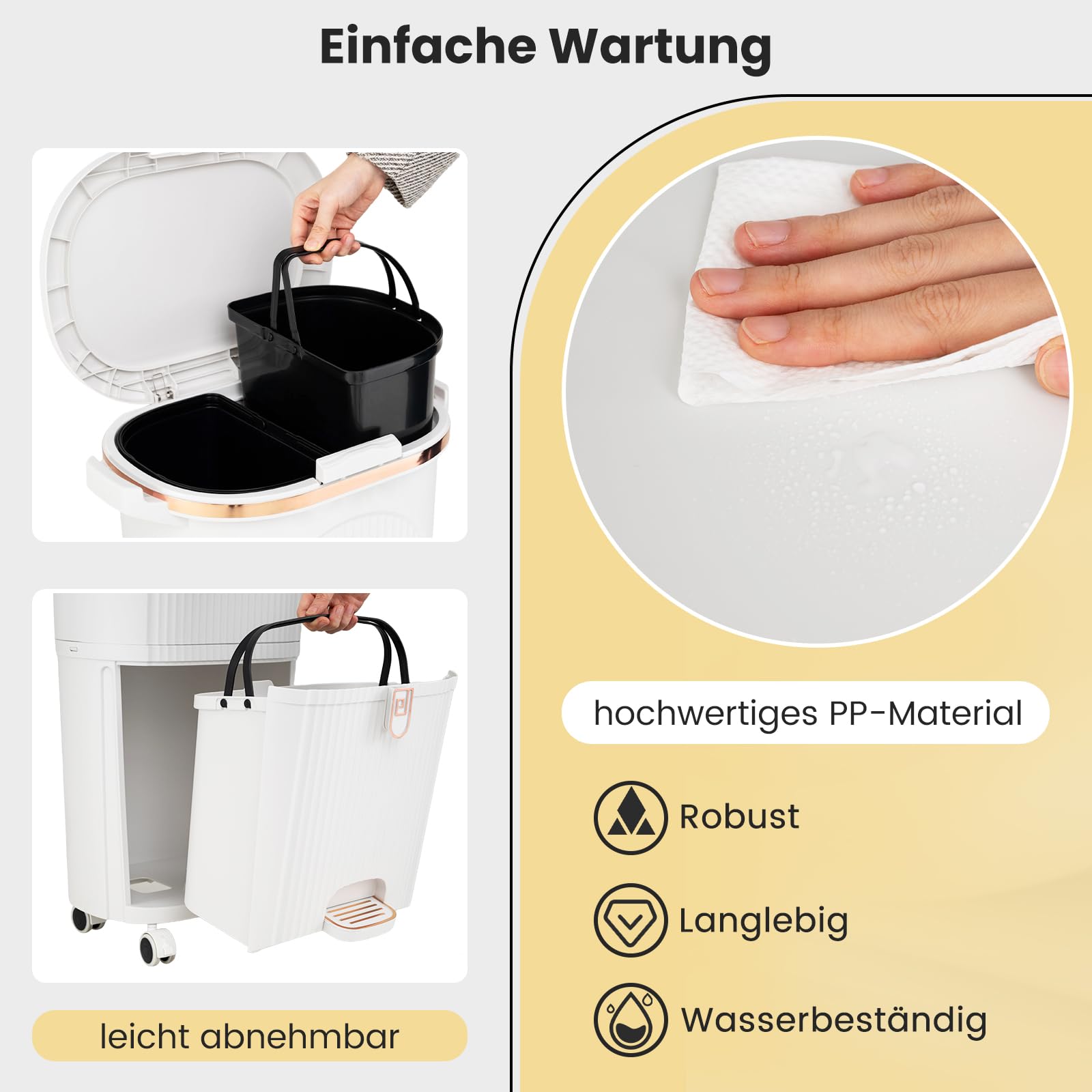COSTWAY Mülleimer Küche, Mülltrennsystem 3 Fächer, 2 x 12L Inneneimer & 14L Treteimer, Abfalleimer mit Rollen, Deckel, Pedal & Haken, Tretmülleimer Abfallsammler für Küche (Weiß)