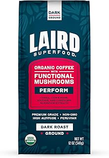 Peruvian Dark Roast Coffee with Functional Mushrooms, Certified Organic Peruvian Ground Coffee Beans, Gluten-Free, Dairy-Free, Non-GMO, Paleo, Keto Friendly, 12 oz. Bag