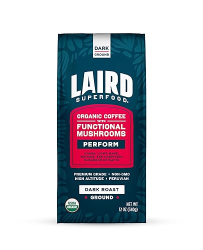 Laird Superfood Café peruano tostado oscuro con champiñones funcionales, granos de café molido peruano orgánico certificados, sin gluten, sin