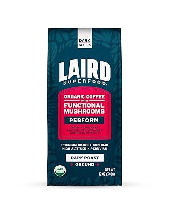 Laird Superfood Peruvian Dark Roast Coffee with Functional Mushrooms, Certified Organic Peruvian Ground Coffee Beans, Gluten-Free, Dairy-Free, Non-GMO, Paleo, Keto Friendly, 12 oz. Bag