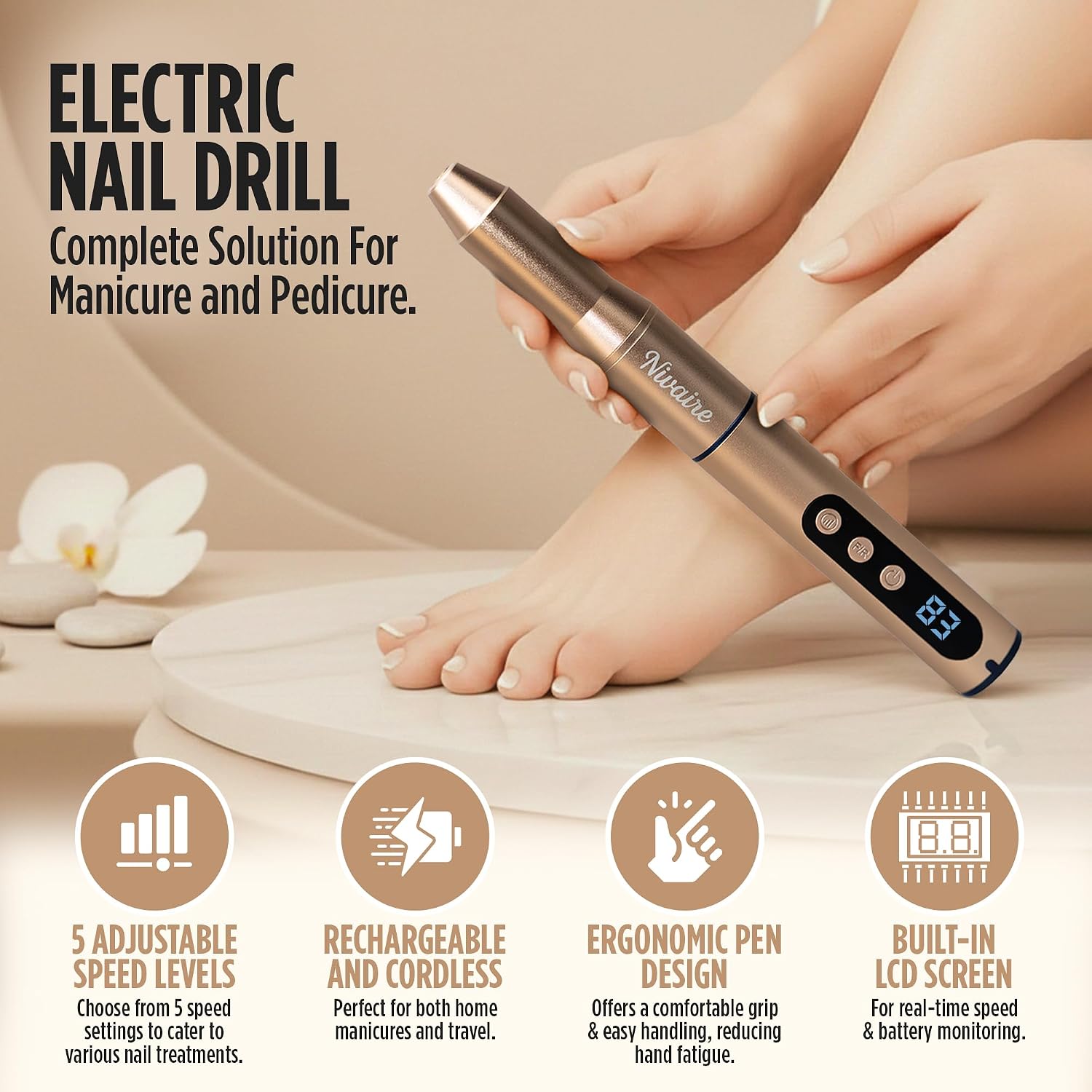 Cordless Nail Drill Professional Kit 35000RPM, Nail Filer Electric - 8 Drill Bits, 1 Ceramic Bit, 6 Sanding Bands, 5 Speed Levels - Electric Manicure Set, Nail Polisher - Portable, Rechargeable (Gold)