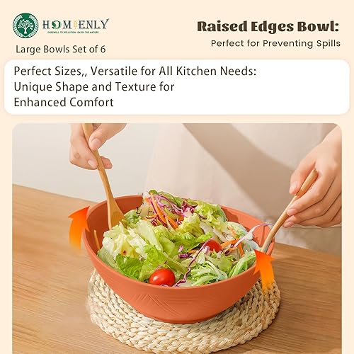 Miniatura 7 de Homienly Juego de 6 cuencos de paja de trigo de 60 onzas, cuencos de ensalada de gran capacidad, cuencos irrompibles para servir microondas y